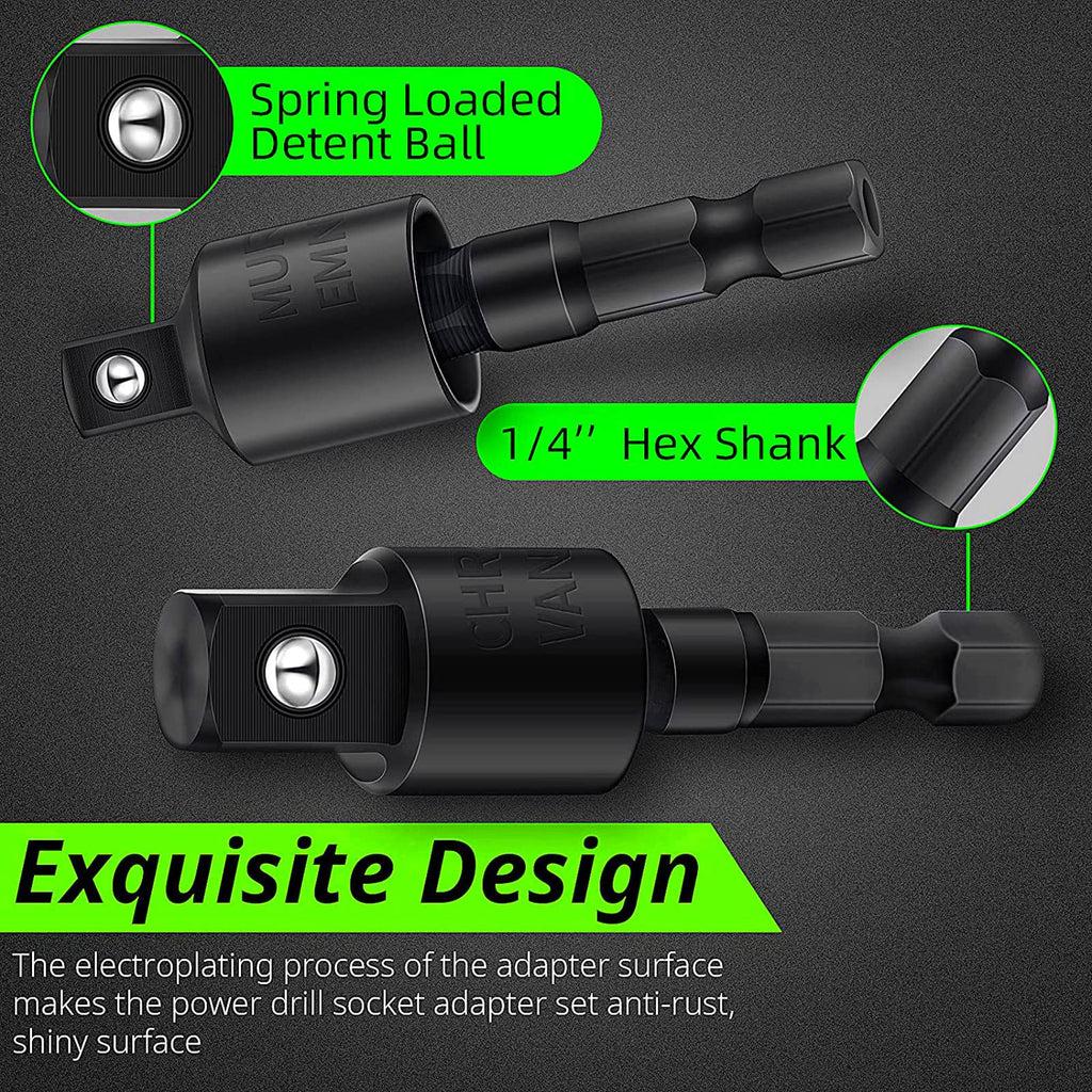 CIGOTU Impact Grade Power Hand Tools Driver Sockets Adapter Extension Set, 3Pcs 1/4 3/8 1/2" Hex Shank Drill Nut Driver Bit Set + 105 Degree Right Angle Driver Extension Screwdriver Drill Attachment