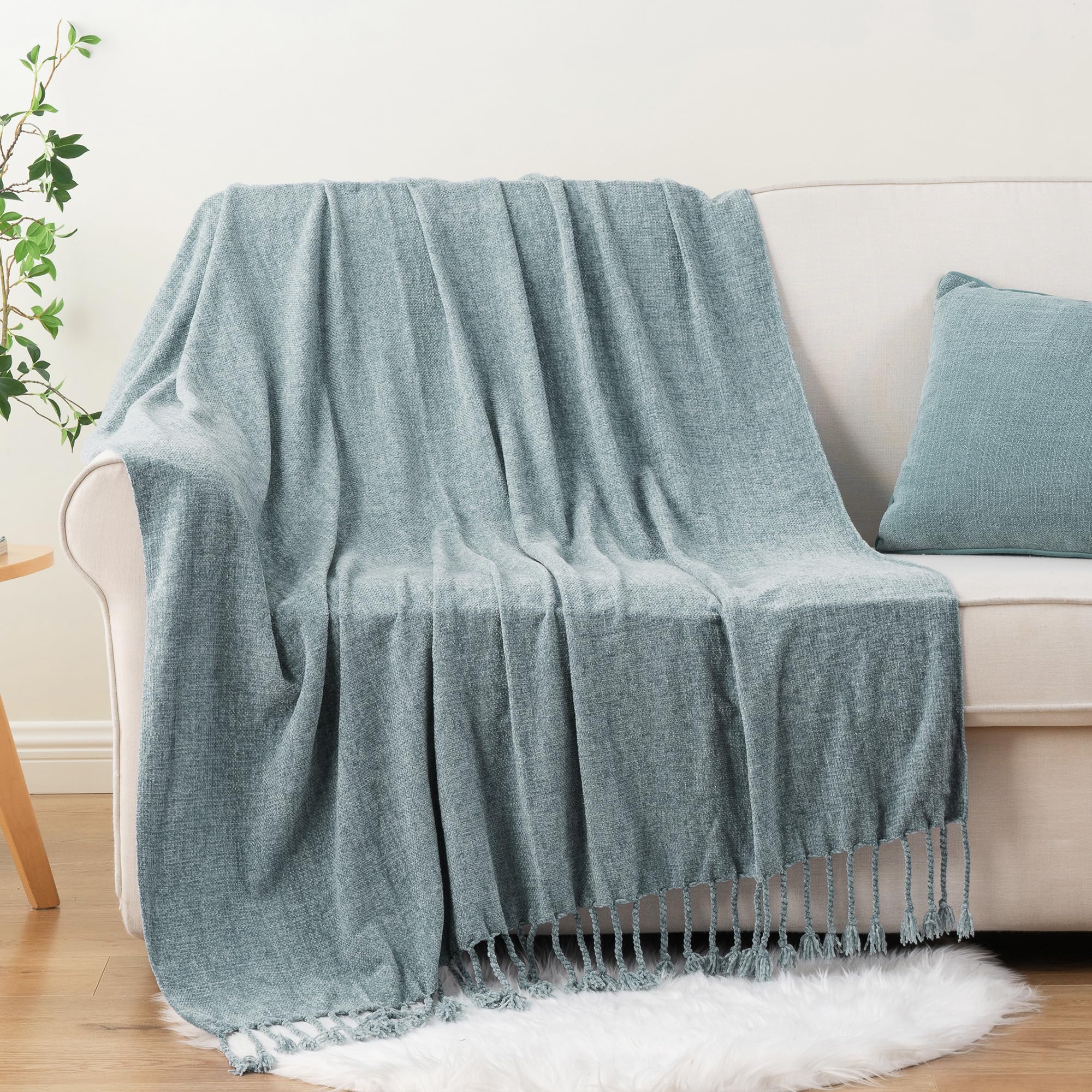 BATTILO HOME Beige Chenille Throw Blanket for Couch, Soft Cozy Textured Knit Throw Blanket with Handmade Fringe Tassels, Lightweight Decorative Farmhouse Blanket for Sofa Bed Chair, 50"x60"