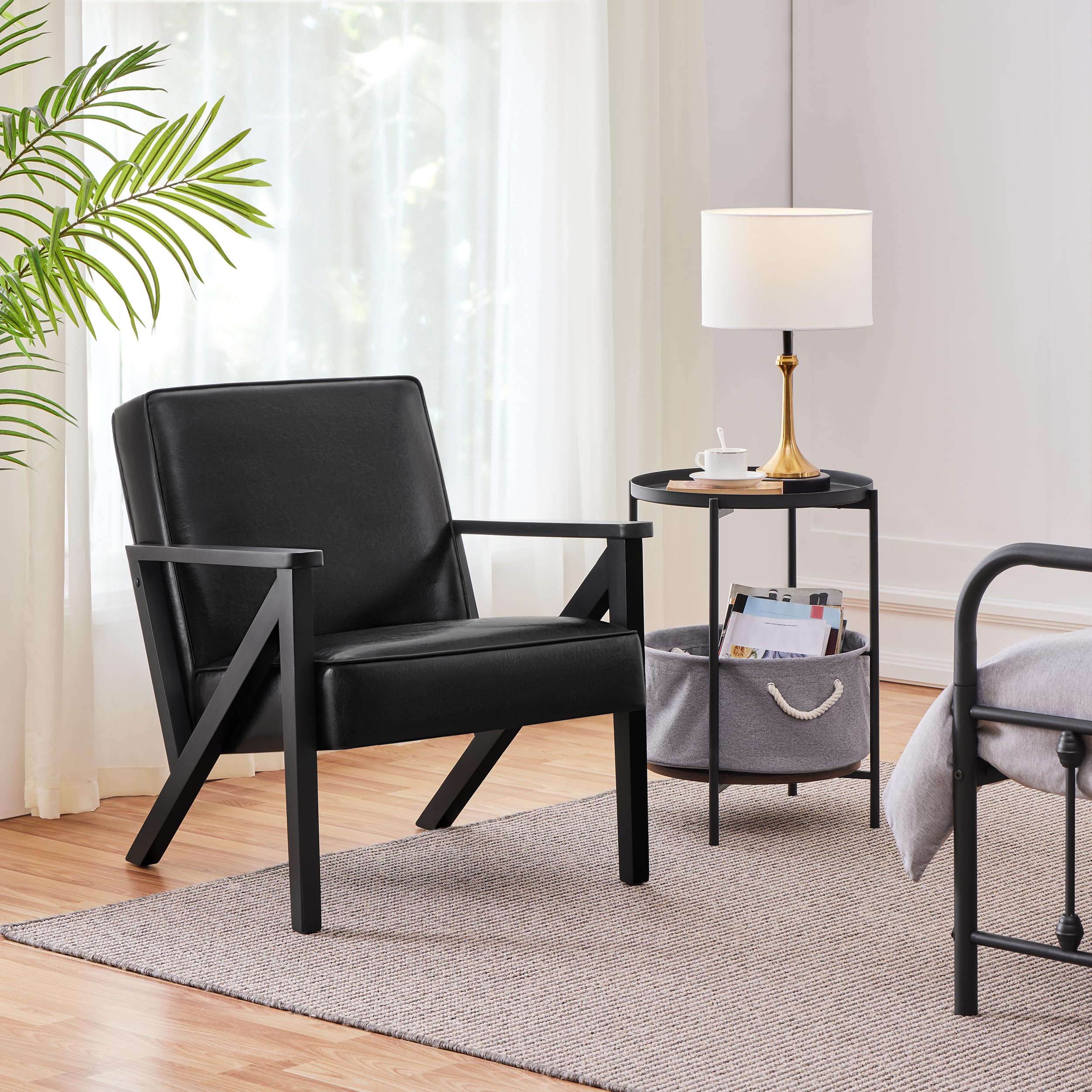 Yaheetech Accent Chair, PU Leather Reading Chair, Mid Century Modern Arm Chair with Solid Wood Frame for Living Room Bedroom Waiting Room, 2 Pieces, Black