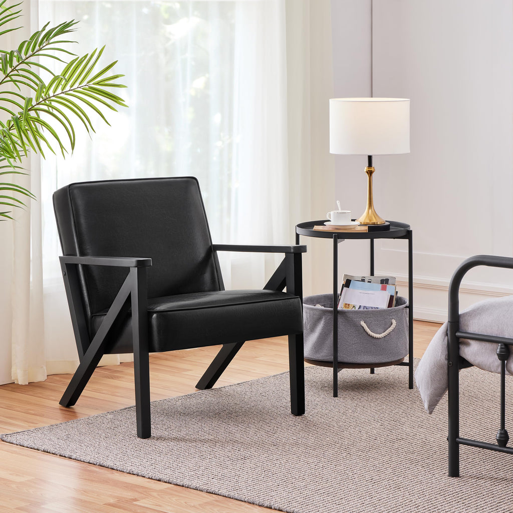 Yaheetech Accent Chair, PU Leather Reading Chair, Mid Century Modern Arm Chair with Solid Wood Frame for Living Room Bedroom Waiting Room, 2 Pieces, Black