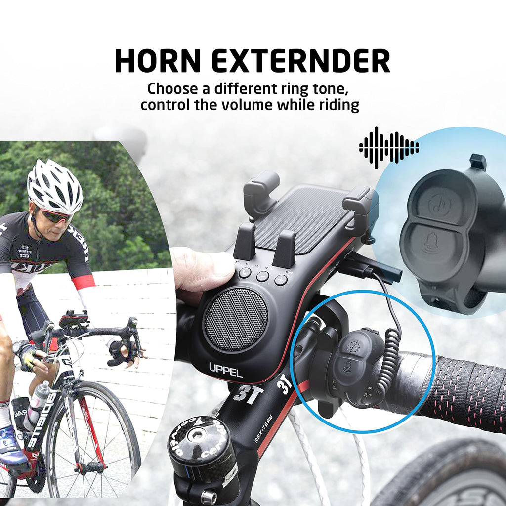UPPEL Bluetooth Speaker Bicycle, Multifunctional Bike Phone Holder 10-in-1- LED Light - Bike Horn - Microphone - Ideal for Road & Mountain Bike (Black)