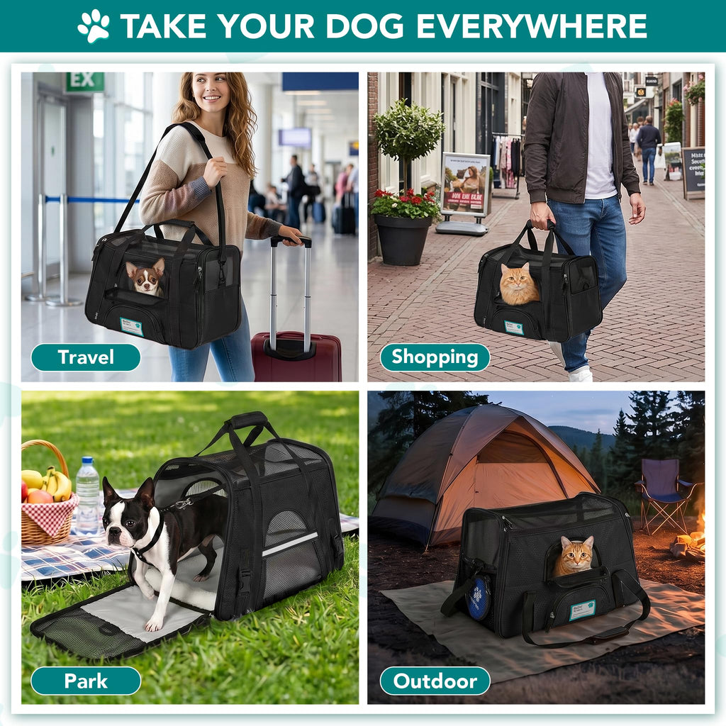 PetAmi Airline Approved Pet Carrier for Cats & Small Dogs, Soft Sided TSA Travel Carrier Bag with Sherpa Bed, Breathable Mesh Ventilation, Collapsible Bowl, Fits Under Seat, Up to 18 lbs, Small Black