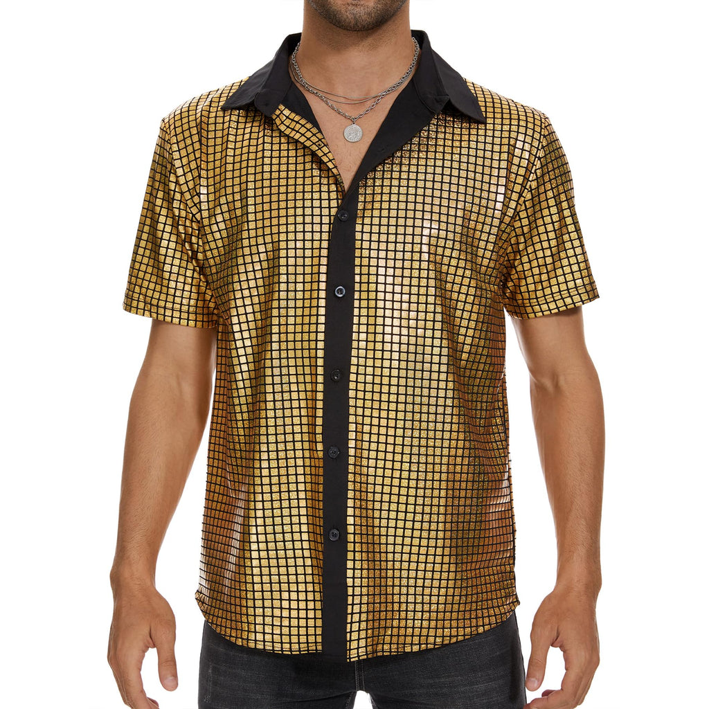 Zando Men's Sequin 70s 80s Disco Shirt - Retro Short Sleeve Button Up Costume Halloween New Year Party Outfit Top & Clubwear