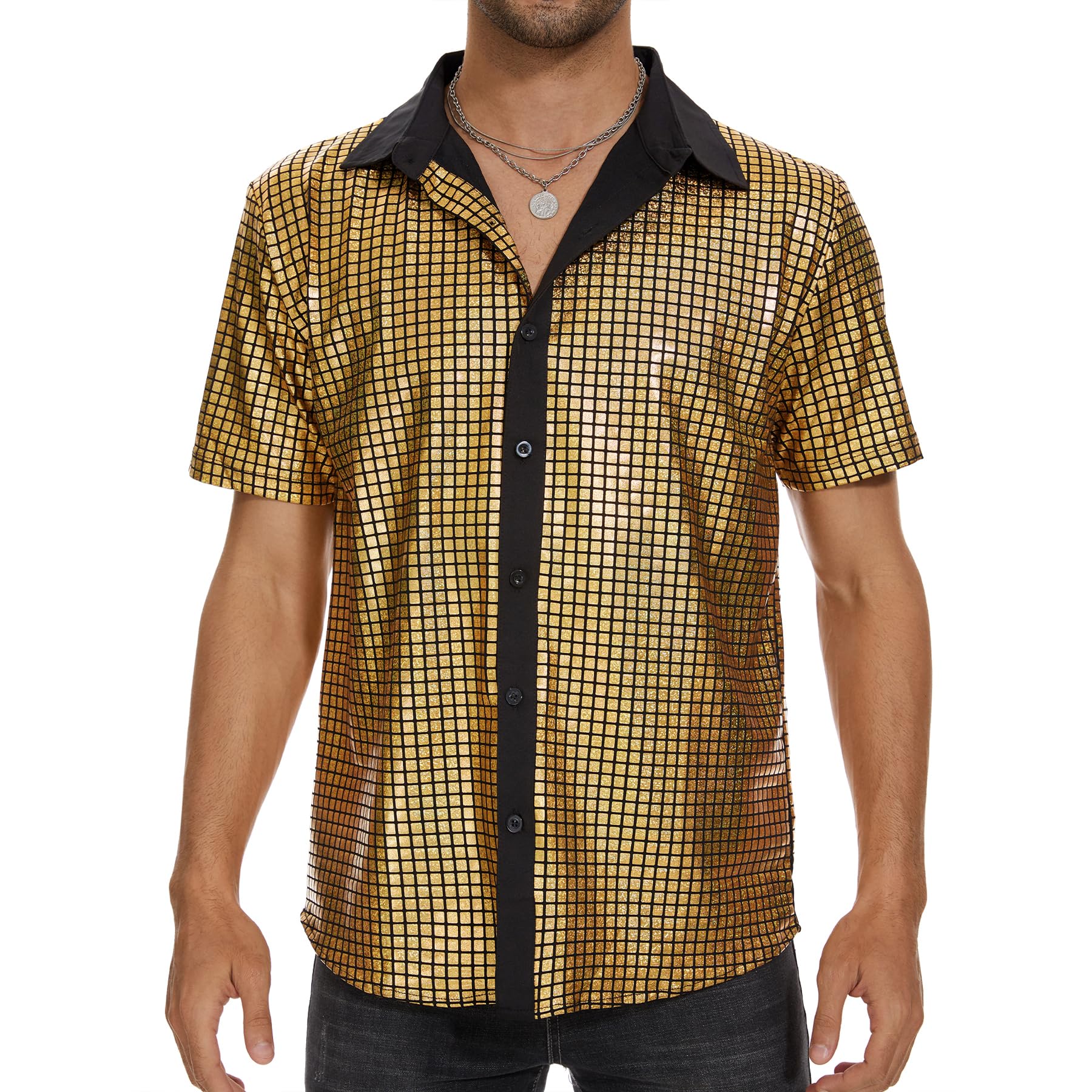 Zando Men's Sequin 70s 80s Disco Shirt - Retro Short Sleeve Button Up Costume Halloween New Year Party Outfit Top & Clubwear