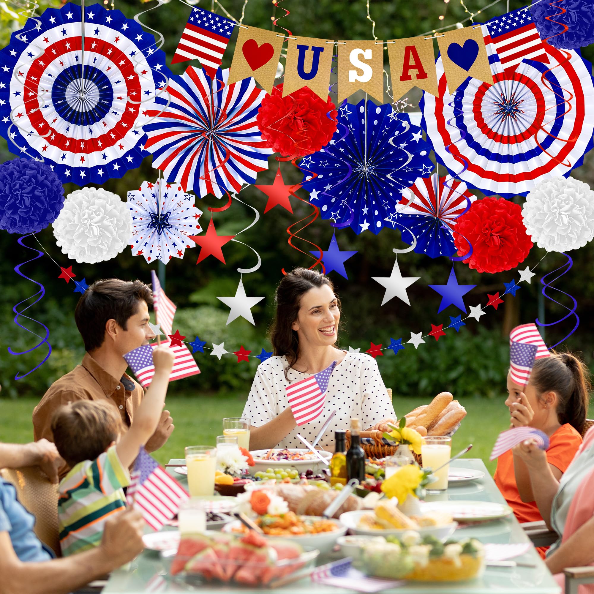 26 PCS 4th of July Decorations, 250th Memorial Day Red White Blue Paper Fans Decorations, 4th of July Banner Pompom Garland and Hanging Swirls Set for Fourth of July Independence Day Decor