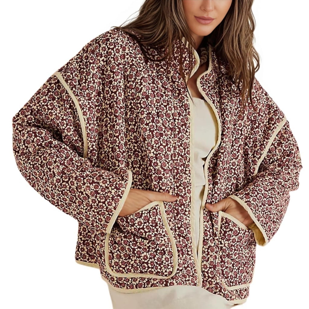 Omoone Women's Cropped Quilted Jacket Floral Printed LightWeight Padded Puffer Cardigan Coat Outwear