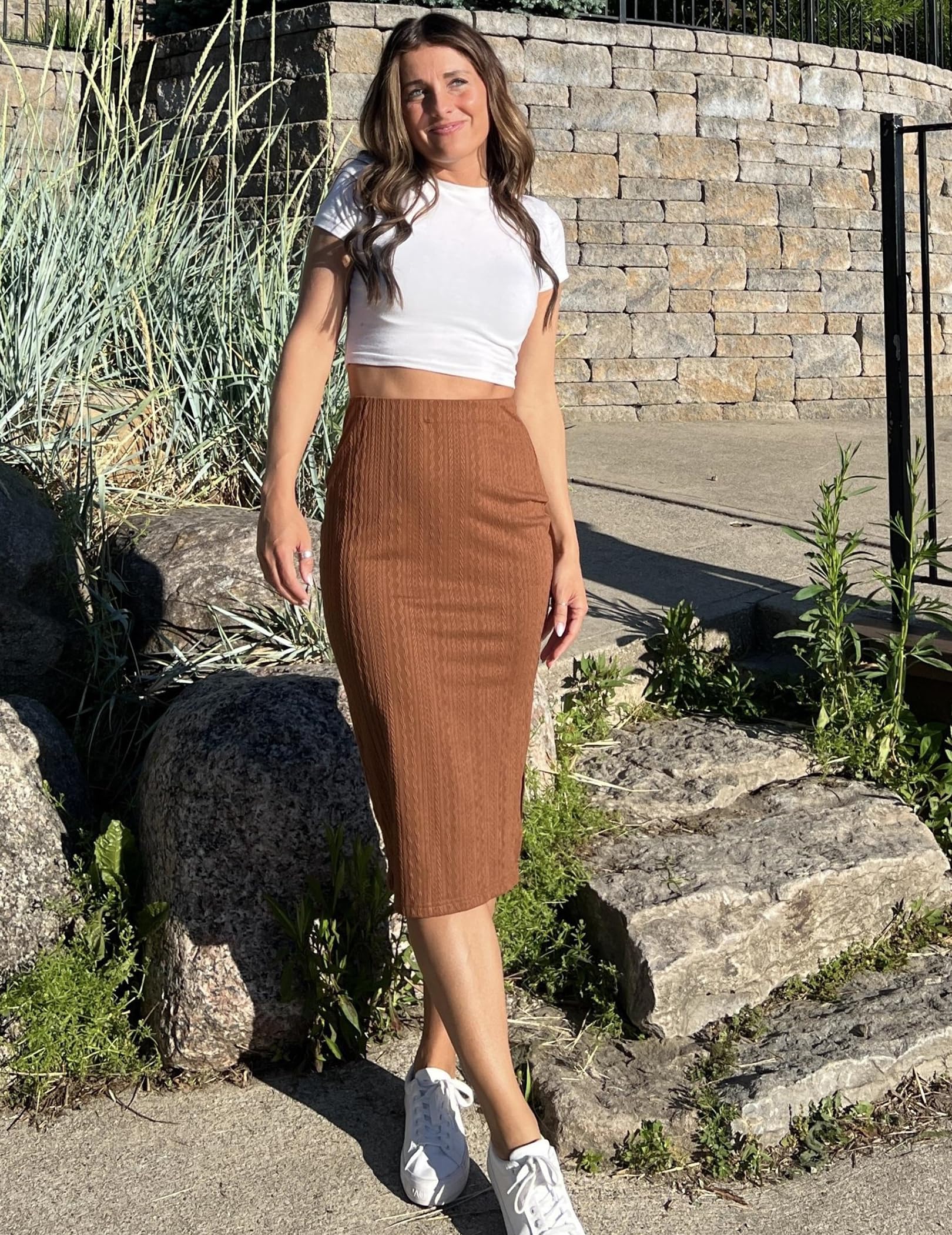 Zeagoo Womens Knit Midi Skirts Casual Pencil Skirt High Waisted Long Skirt with Slit Elegant Work Office Skirts