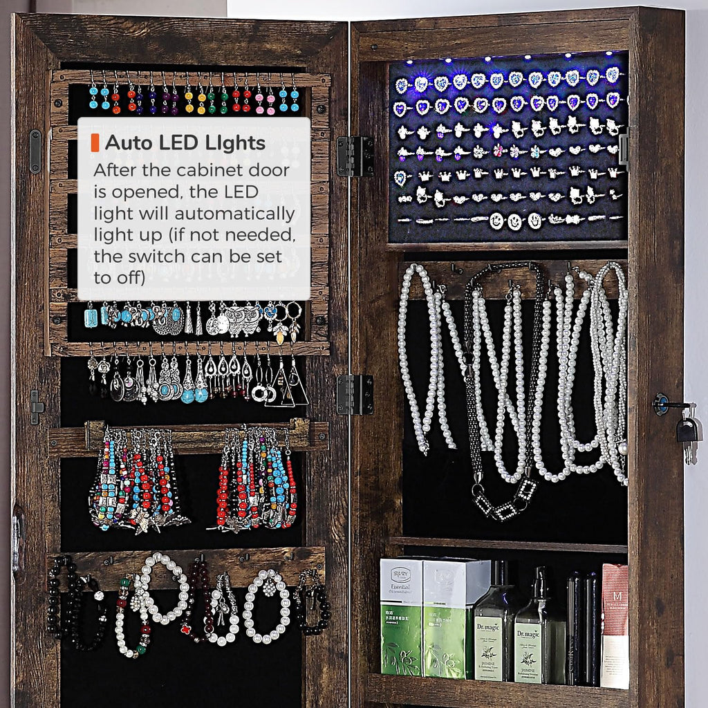 GISSAR Full Length Mirror Jewelry Cabinet, 6 LEDs Jewelry Armoire Wall Mounted Over The Door Hanging, Jewelry Organizer Storage with Lights Lockable, Black, 14.6" x 47.2"