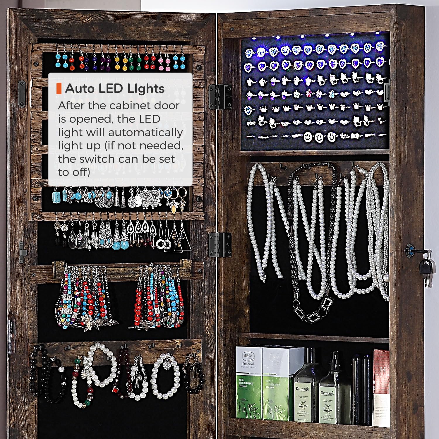 GISSAR Full Length Mirror Jewelry Cabinet, 6 LEDs Jewelry Armoire Wall Mounted Over The Door Hanging, Jewelry Organizer Storage with Lights Lockable, Black, 14.6" x 47.2"