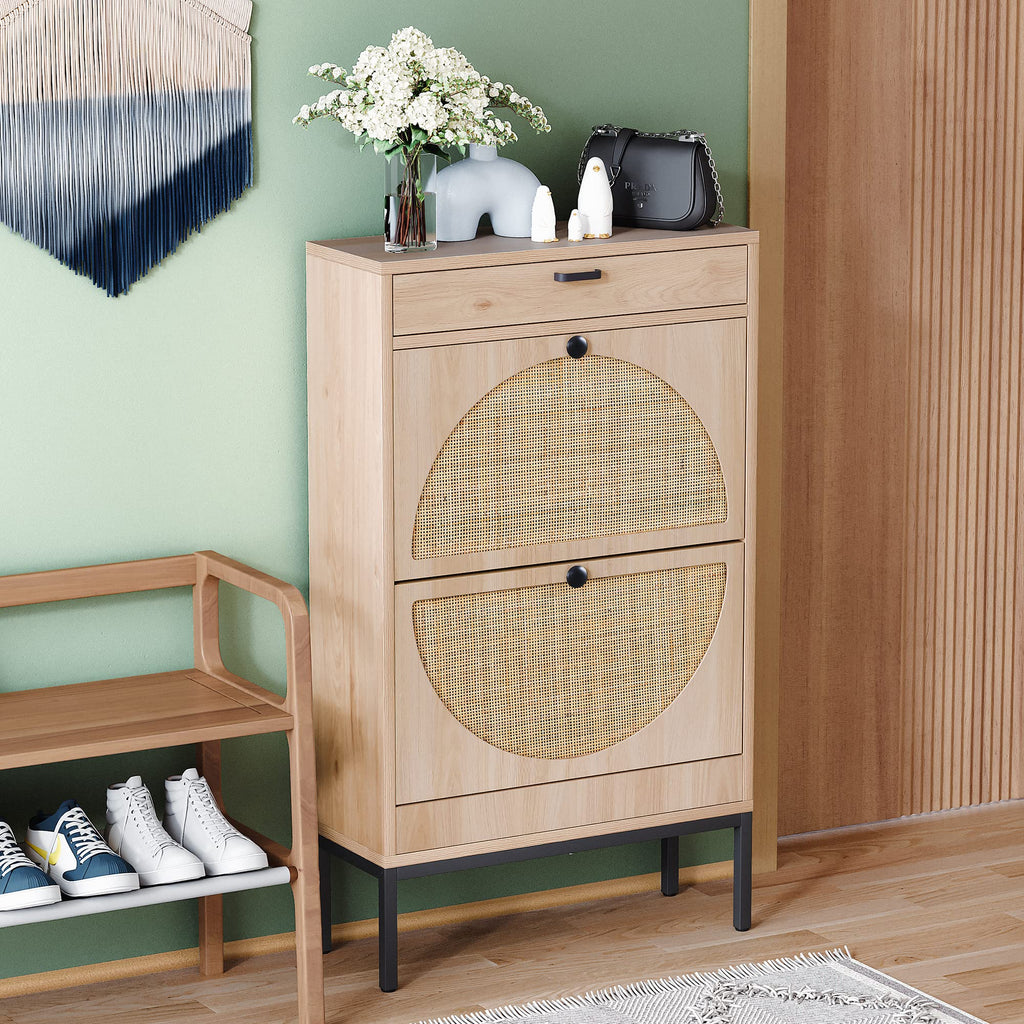Yechen Shoe Rack Storage Organizer with 2 Natural Semi-Circular Rattan Doors, Entryway Wooden Shoe Cabinet for Sneakers, Leather Shoes, Heels, Slippers (Black)