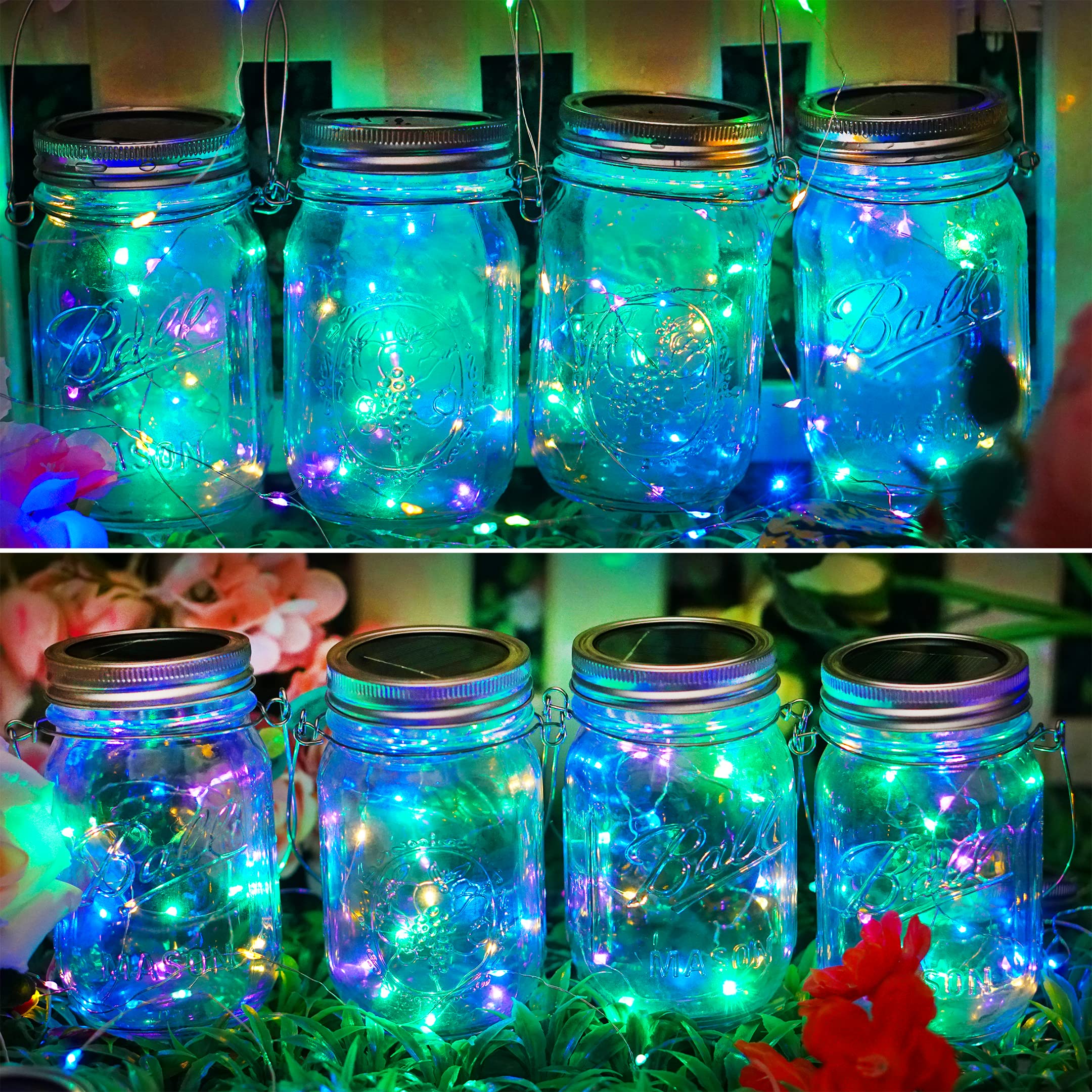 SunKite Solar Mason Jar Lights [Updated], 8 Pack 20 LED Waterproof Fairy Firefly Jar Lids String Lights with Hangers(NO Jars), Patio Yard Garden Wedding Decoration - Colorful