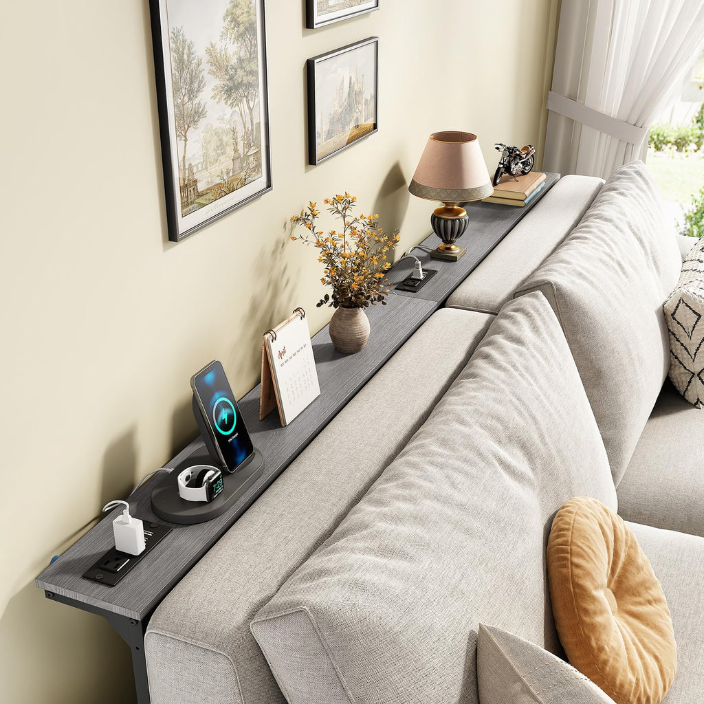 Kitstorack Narrow Sofa Table with Charging Station, 78.8" Behind Couch Table, Adjustable 24.4"-32.7" Height, Modular 2-piece Design for sectionals, entryways, Apartments, and Narrow Living Spaces