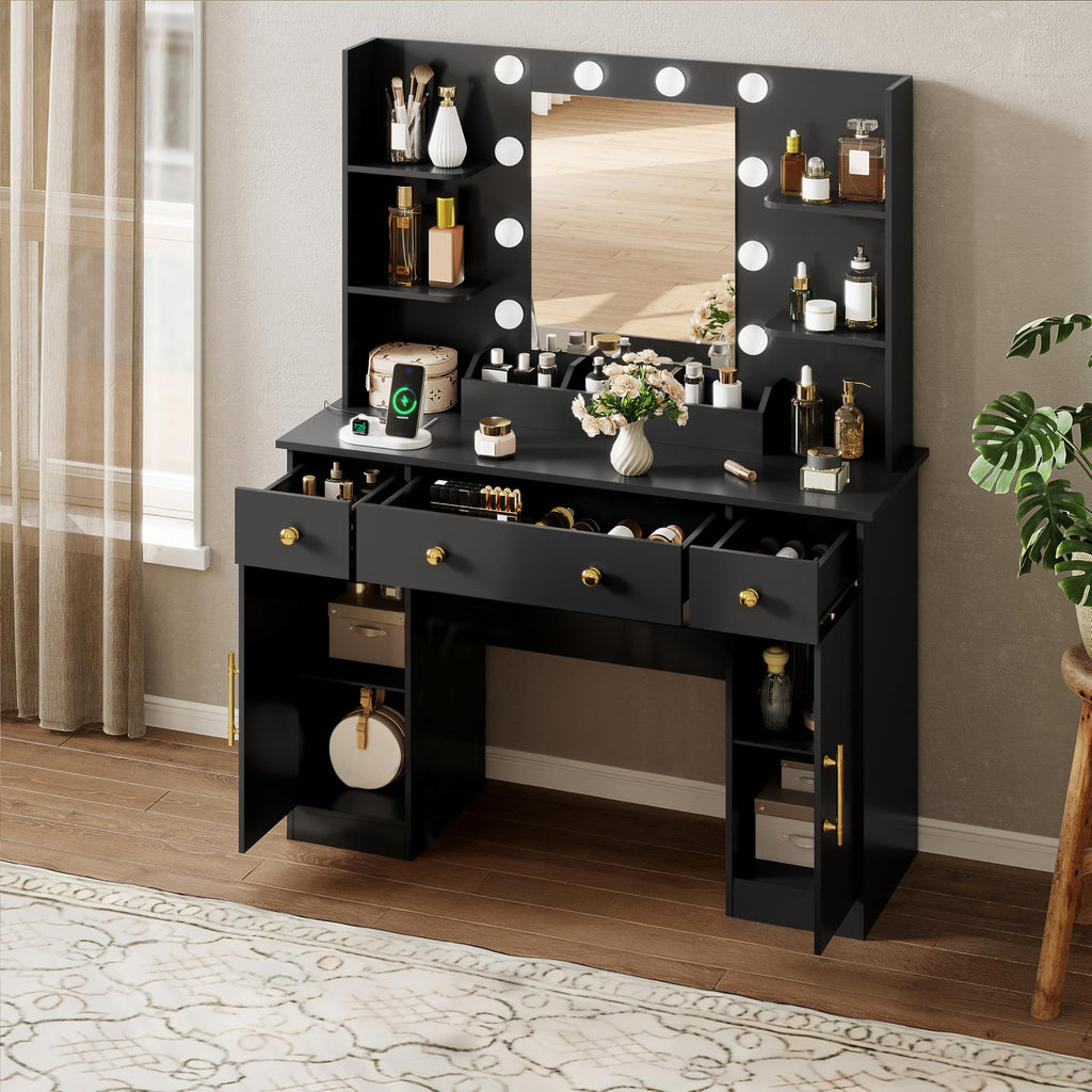 HUANLEGO Vanity Desk with Mirror and Lights, Makeup Vanity with Mirror and LED Lights & Power Outlet, 3 Drawers and Cabinets, 3 Lighting Modes Dressing Table Set for Girls Women Bedroom,Oak