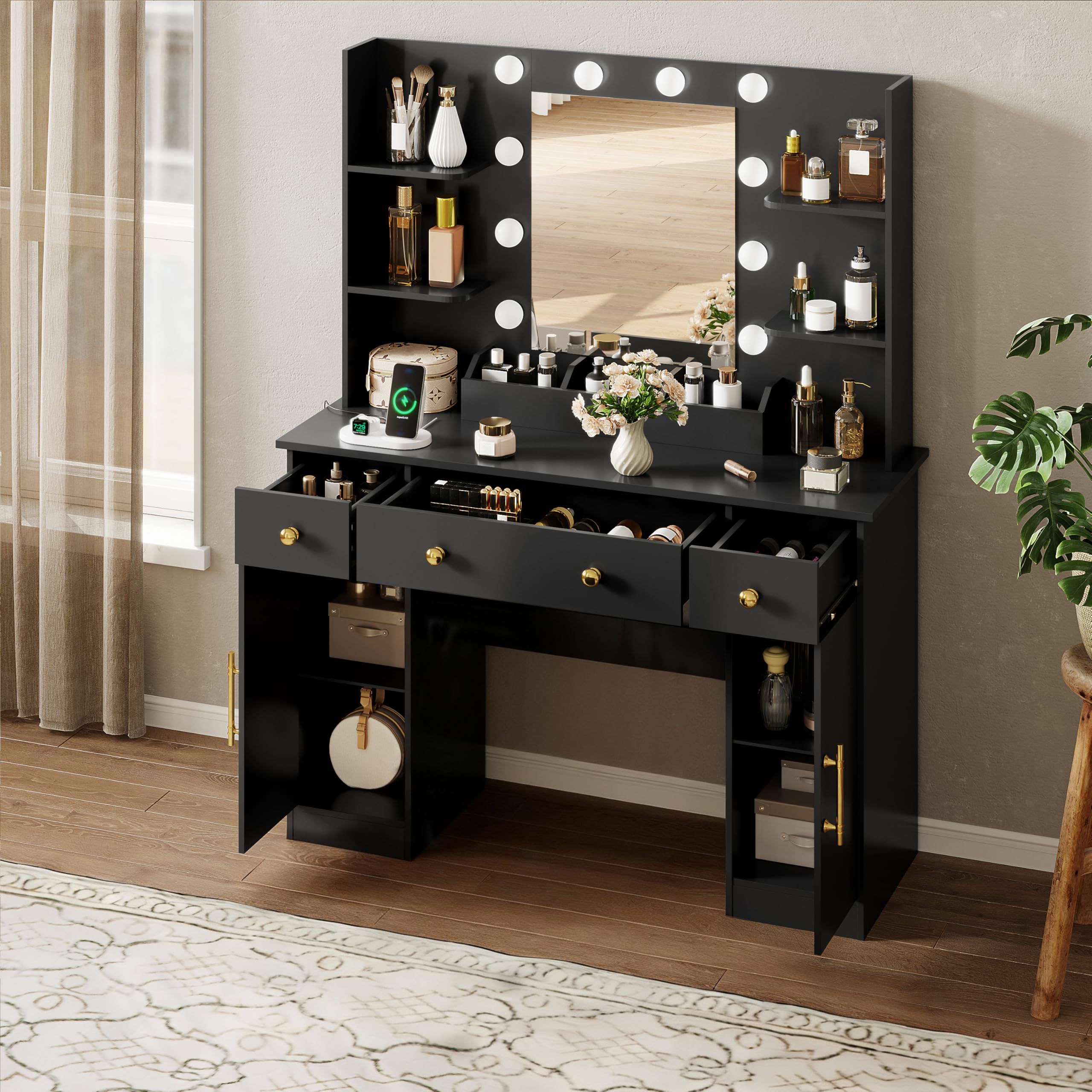 HUANLEGO Vanity Desk with Mirror and Lights, Makeup Vanity with Mirror and LED Lights & Power Outlet, 3 Drawers and Cabinets, 3 Lighting Modes Dressing Table Set for Girls Women Bedroom,Oak