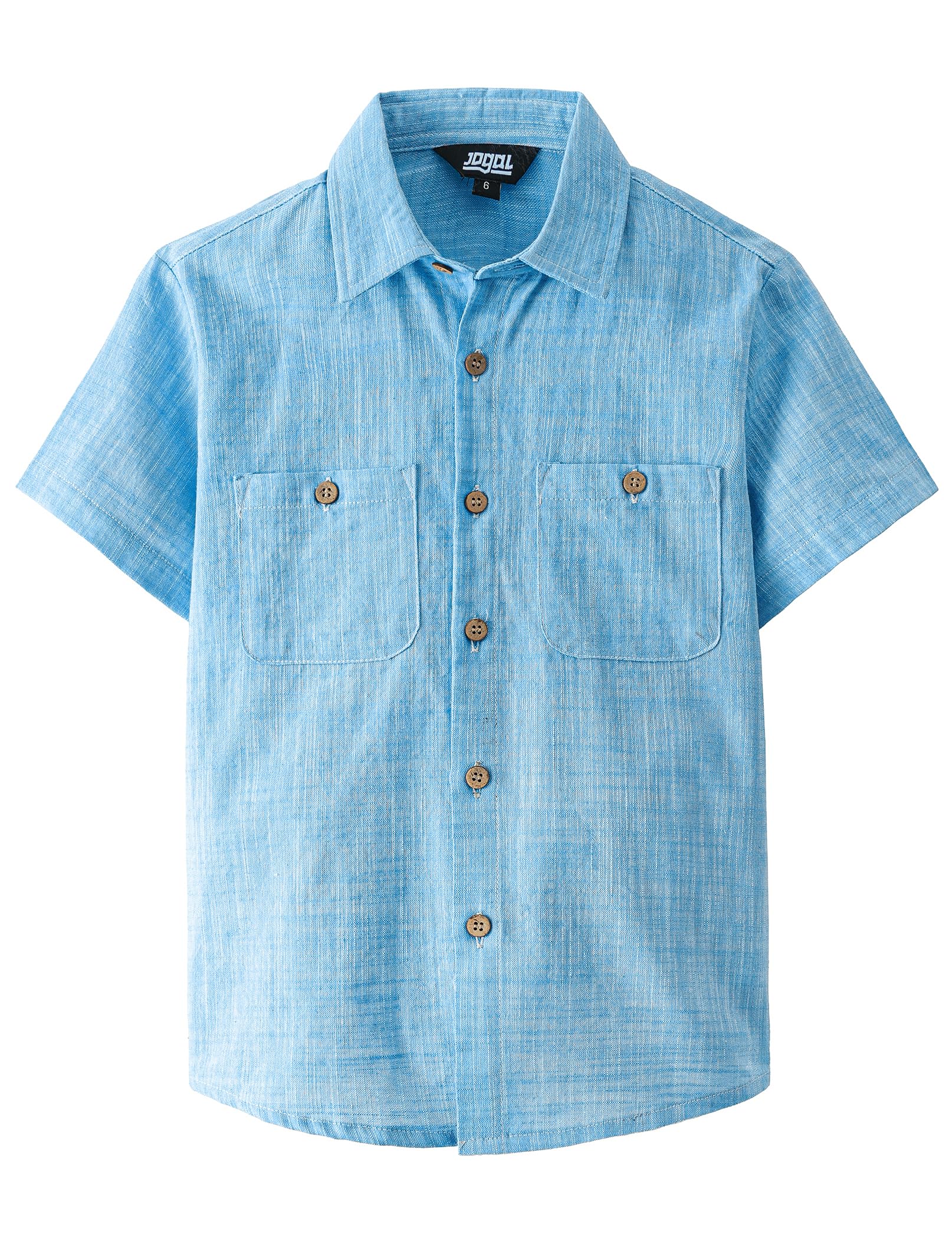 JOGAL Boys Chambray Shirts Short Sleeve Button Down Casual Cotton Woven Shirt with Two Pockets for Kids 6-14 Years