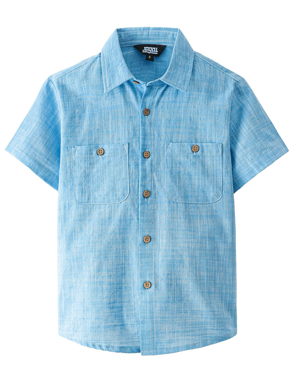 JOGAL Boys Chambray Shirts Short Sleeve Button Down Casual Cotton Woven Shirt with Two Pockets for Kids 6-14 Years