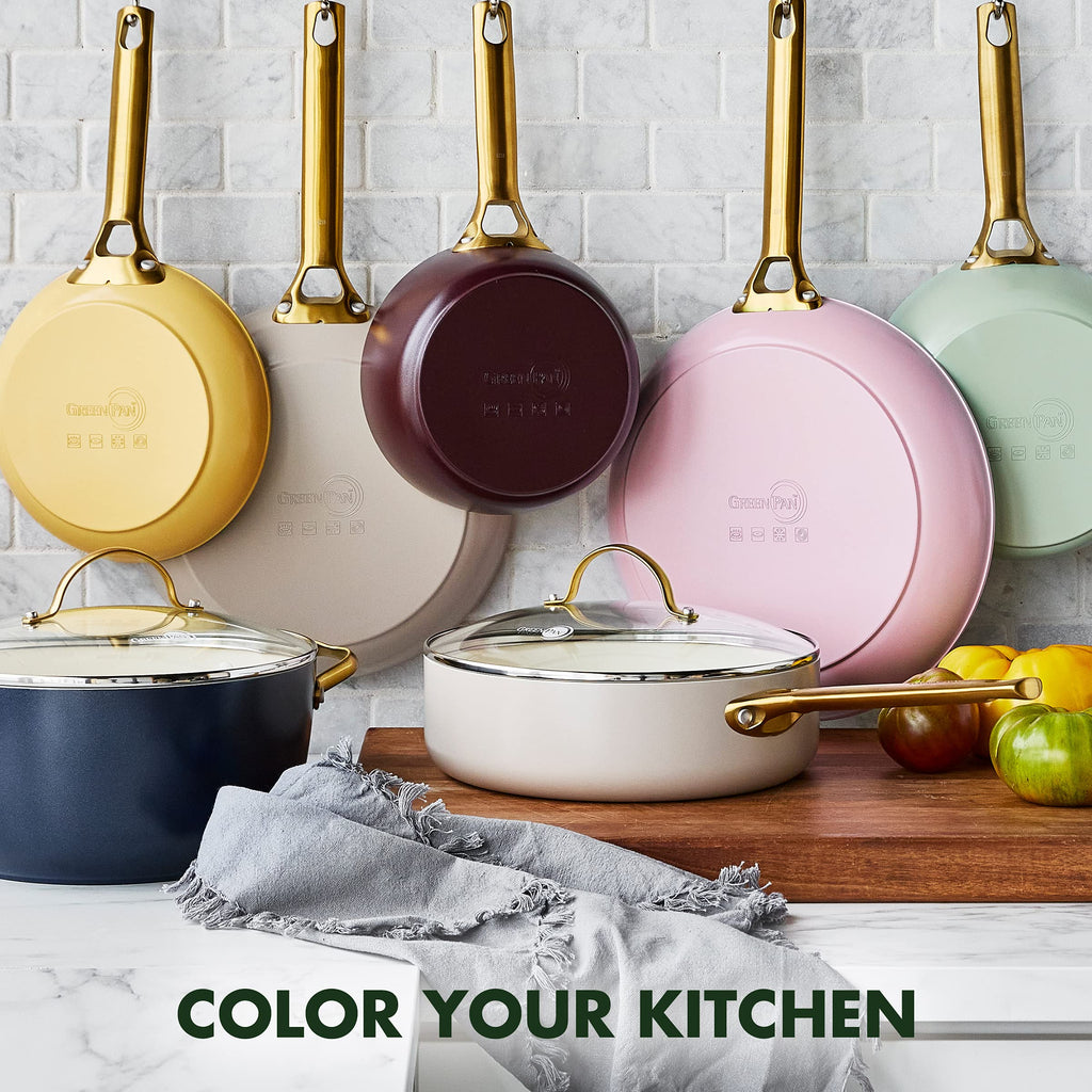 GreenPan Hard Anodized Healthy Ceramic Nonstick 5 Piece Cookware Pots and Pans Set, Gold Handle, PFAS-Free, Dishwasher Safe, Oven Safe, Black