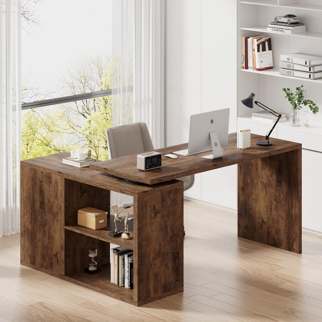 HSH Black L Shaped Computer Desk, Corner Desk with Storage Cabinet Shelves, Reversible Industrial Wood Executive Workstation, L-Shaped Home Office Table for Work Study Writing Gaming, 55 Inch
