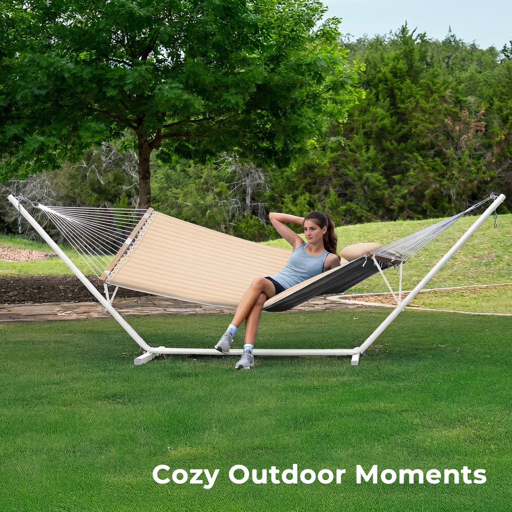 SUPERJARE Hammock with Stand, 2 Person Quilted Outdoor Hammock, Detachable Pillow & Bamboo Spreaders, Portable Hammock with Carrying Bag, Heavy Duty Stand, Perfect for Outside, Patio, Aqua Blue