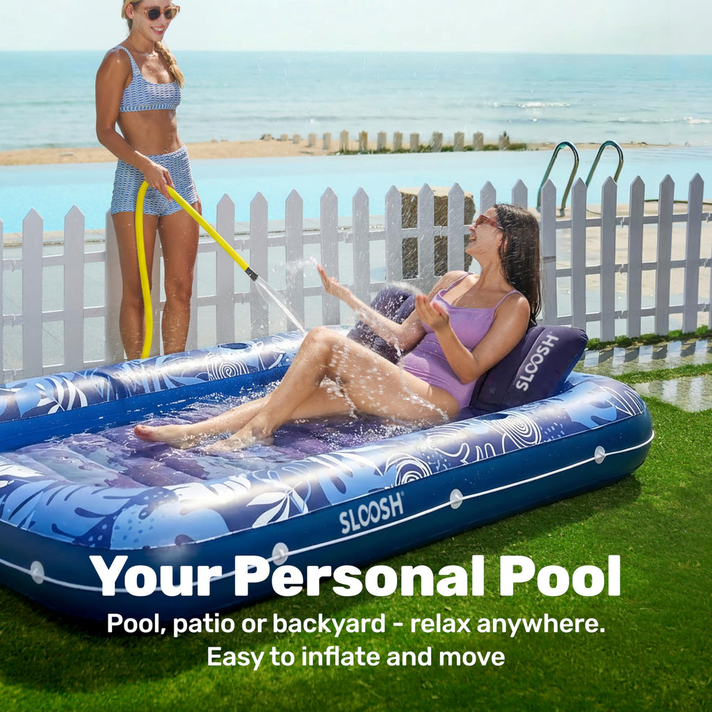 SLOOSH Inflatable Tanning Pool Lounger Float, 85" x 57" Extra Large Pool Floats Adult with Pillow, 4 in 1 Suntan Tub Raft Floatie,Sunbathing Bed Lounge for Water Blow Up Ball Pit Party Gifts, XL-Blue