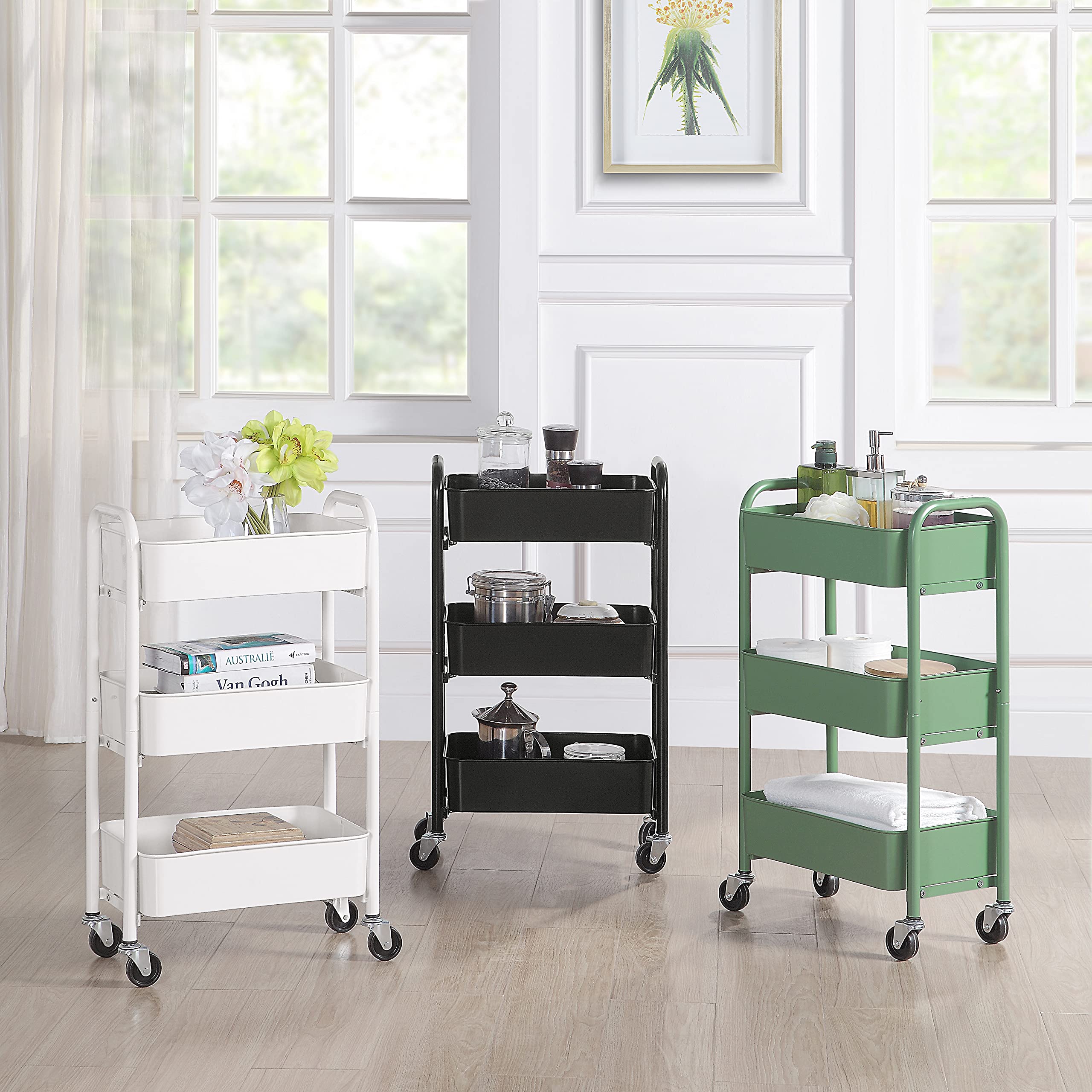 SunnyPoint 3-Tier Delicate Compact Rolling Metal Storage Organizer - Mobile Utility Cart Kitchen/Under Desk Cart with Caster Wheels - Army (15.35" X 10.24" X 26.8"H)