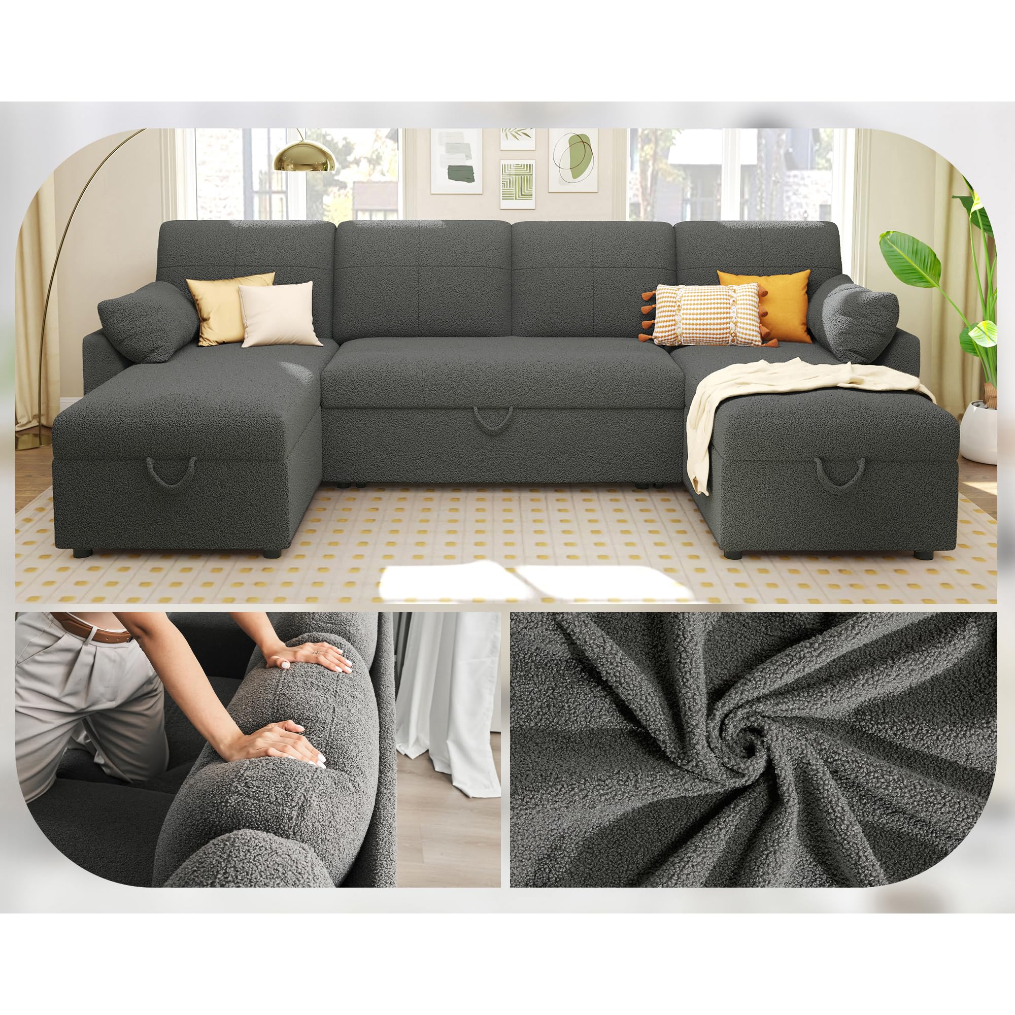 PaPaJet Sofa Bed, Sleeper Sofa with Storage Chaise, L Shaped Sofa with Pull Out Bed, Oversized Sofas for Living Room, Beige