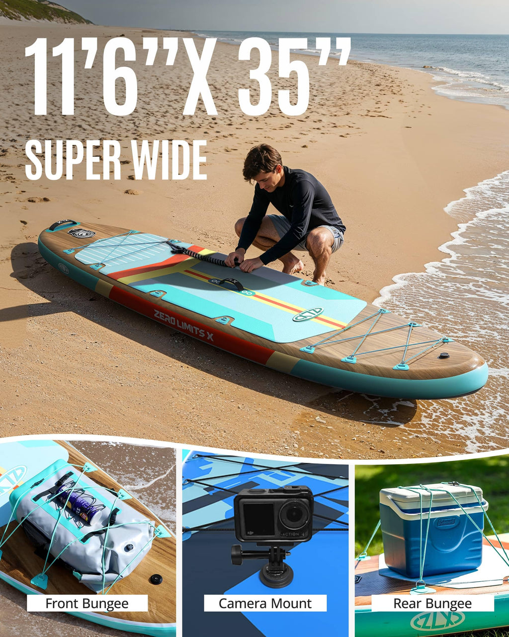 ZLX 11'6"x35" Ultra Wide Inflatable Stand Up Paddle Board | Stable Non-Slip Deck Pad, Unique Fin System, Premium SUP Accessories & Backpack - Upgraded Pump for Adults, All Skill Levels