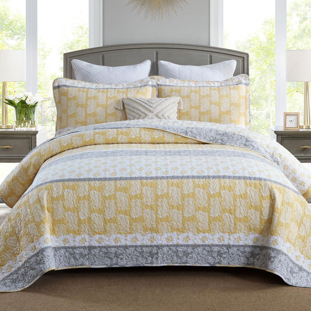 Yellow Quilts Queen Size, Paisley Comforter Set Queen Cotton Bed, Yellow Grey White Comforter, Striped Bedding Queen Size, Lightweight Luxury Bedspread,3 Piece