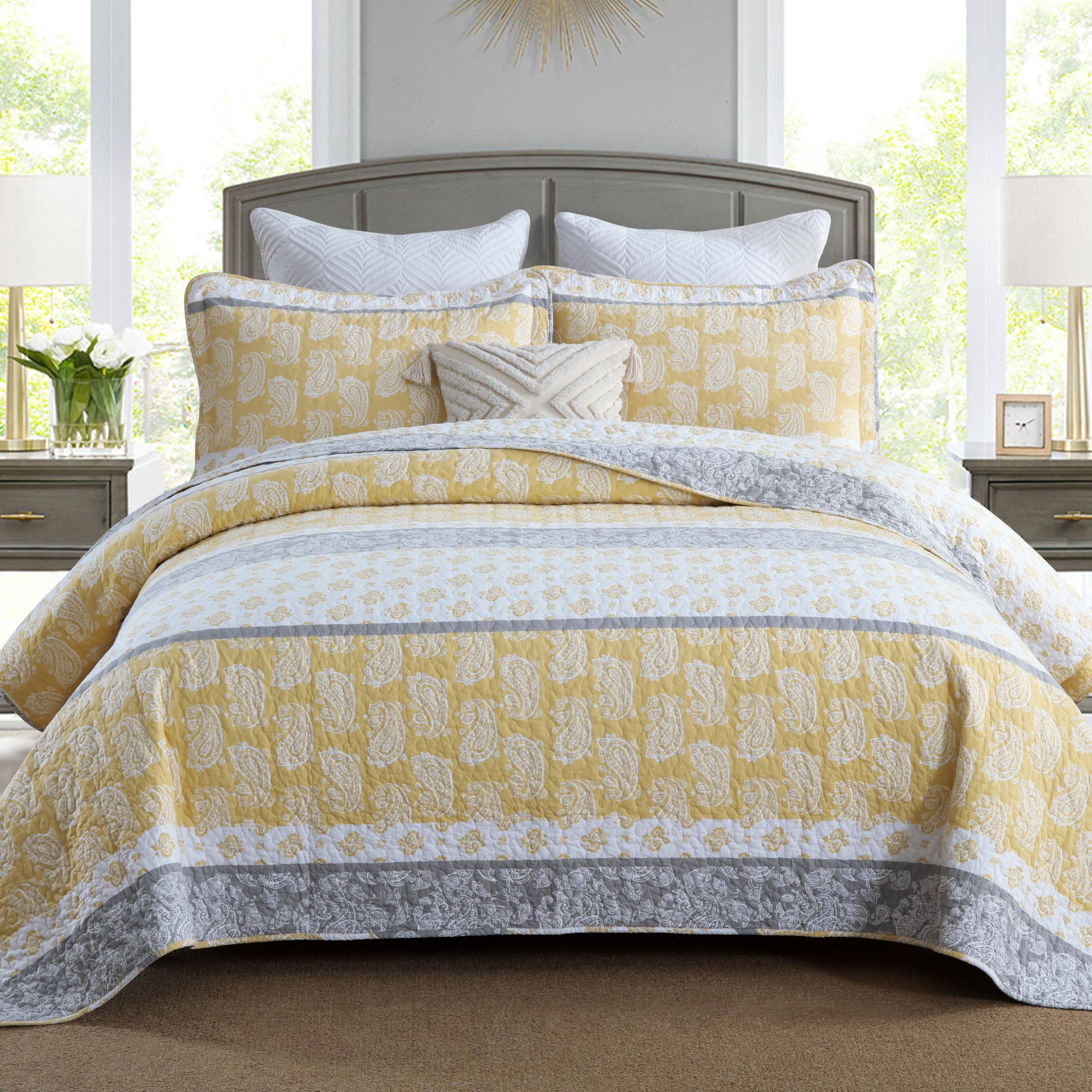 Yellow Quilts Queen Size, Paisley Comforter Set Queen Cotton Bed, Yellow Grey White Comforter, Striped Bedding Queen Size, Lightweight Luxury Bedspread,3 Piece