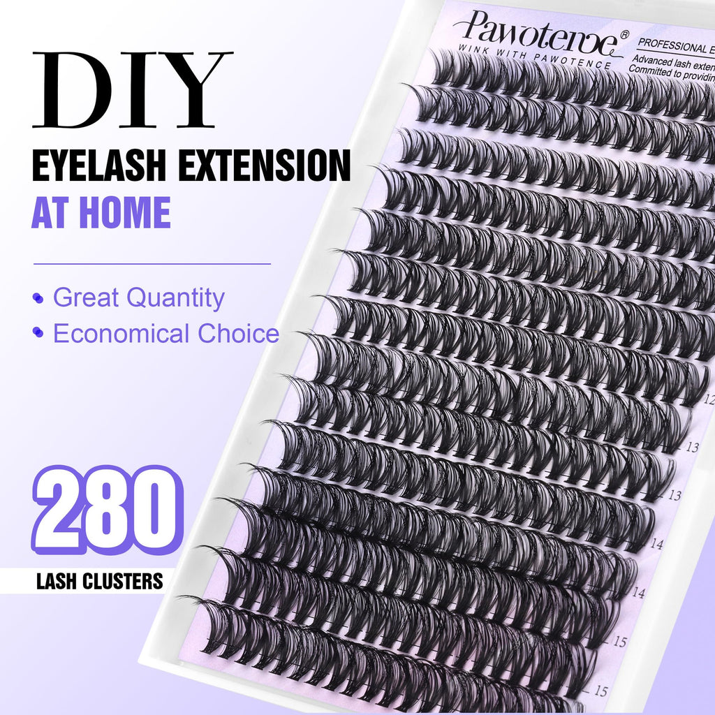 Pawotence Lash Extension Kit DIY 280pcs Individual Lash Clusters Kit 20D&30D Natural 9-15mm Cluster Eyelash Extensions Kit with Lash Bond and Seal, Tweezers for Self Use (20D&30D, 0.07D, 9-15mm, Kit)