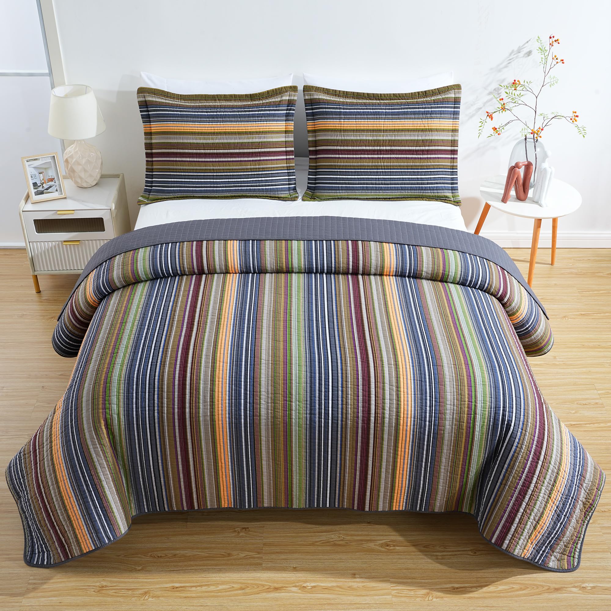 Chezmoi Collection Avery Striped Cotton Quilt Set Twin Size, 2-Piece Soft Pre-Washed 100% Cotton Quilt, Multi-Color Brown