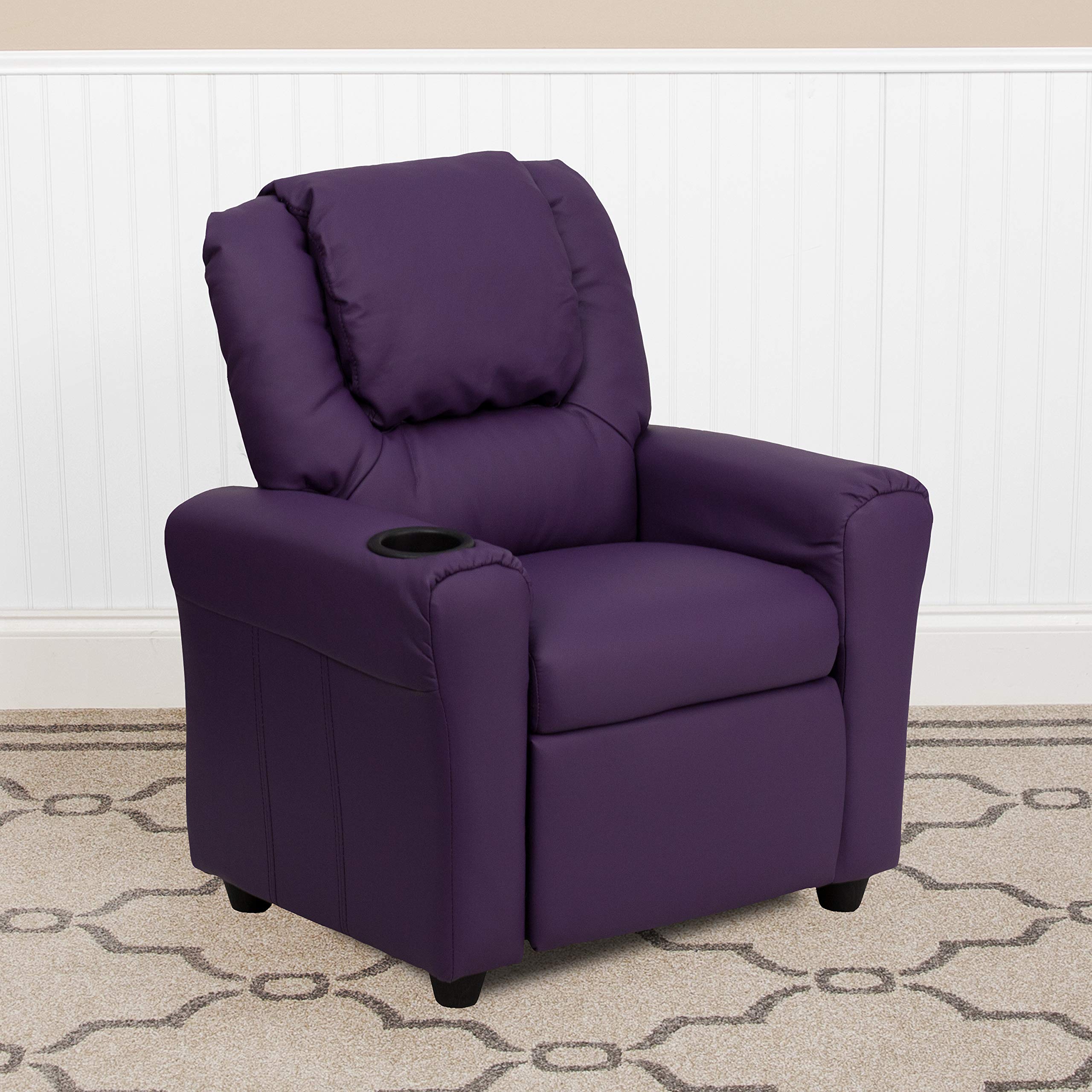 Flash Furniture Vana Vinyl Kids Recliner with Cup Holder, Headrest, and Safety Recline, Contemporary Reclining Chair for Kids, Supports up to 90 lbs., Beige