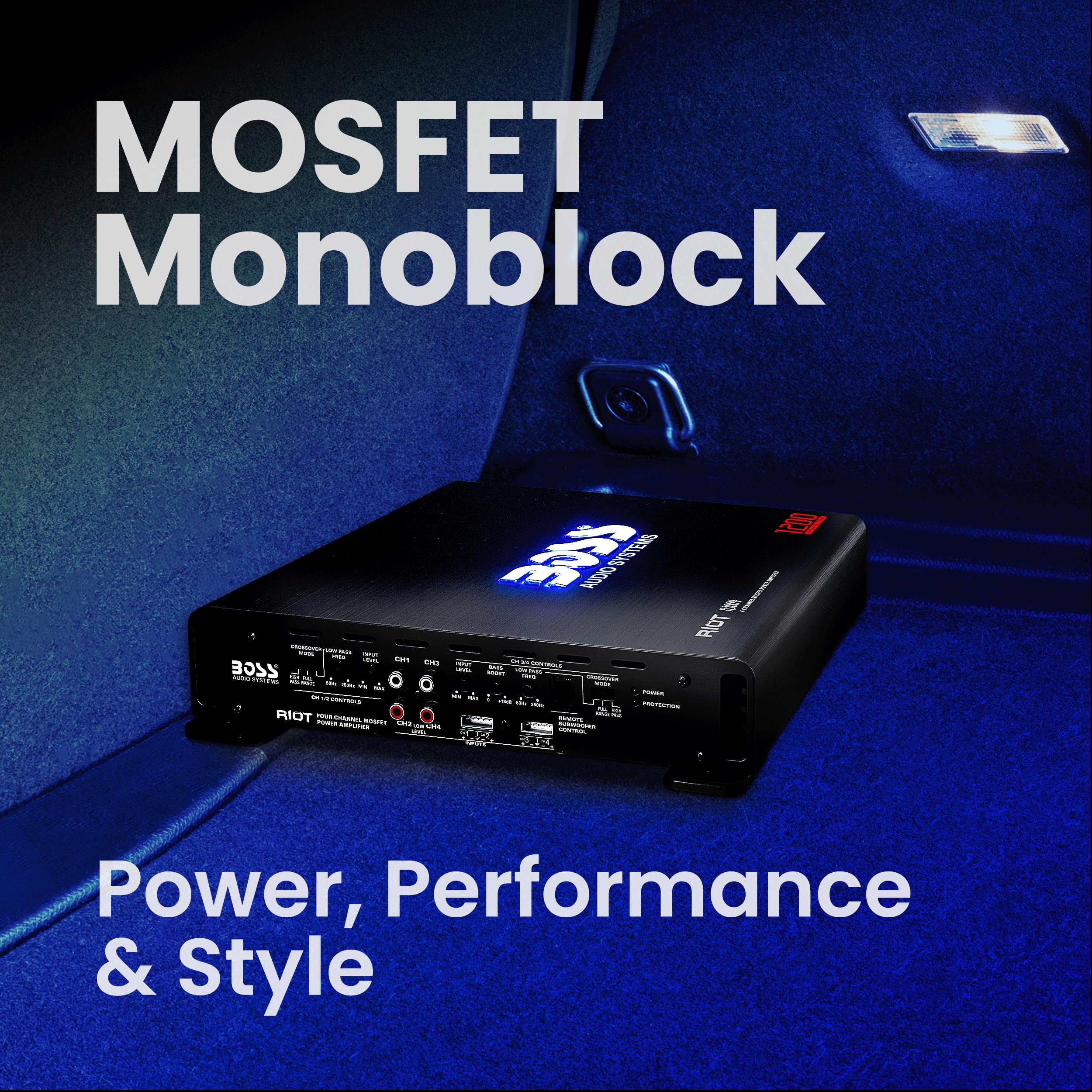 BOSS Audio Systems R1004 Riot Series 4 Channel Class A/B Car Amplifier - 400 High Output, IC (Integrated Circuit), Hook Up to Subwoofer for Bass
