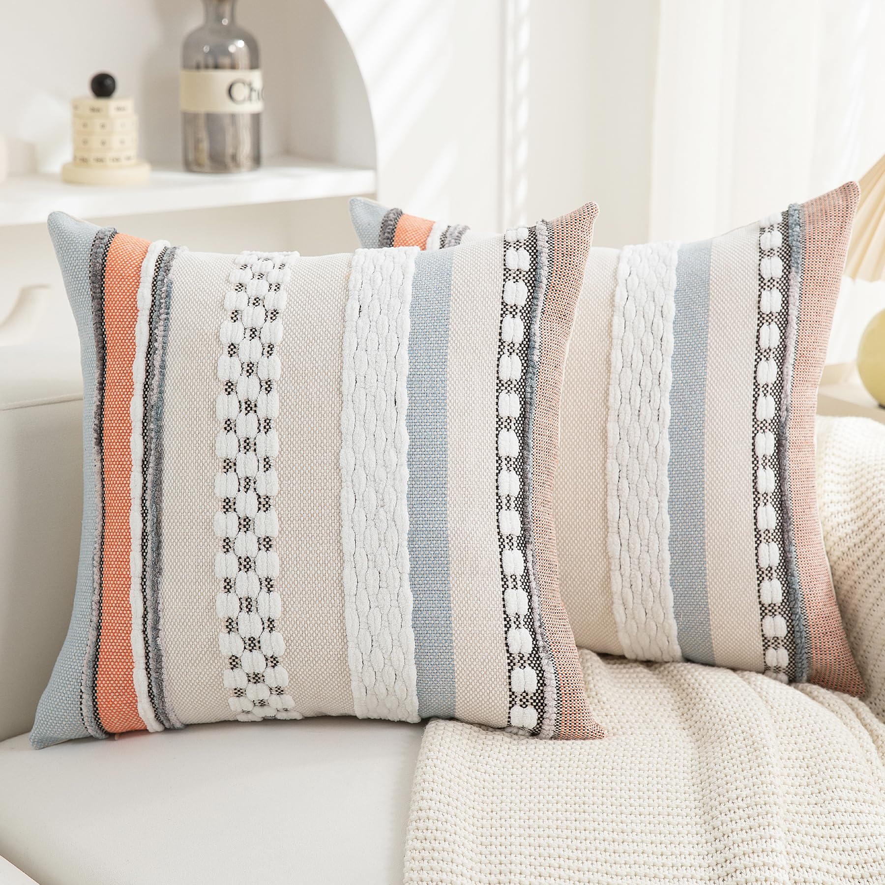 Boho Pillow Covers 18x18 Set of 2 for Couch-Modern Farmhouse Sofa Decorative Throw Pillow Covers Textured Chenille Cushion Covers Outdoor Netural Bohemian Pillow Cases Square