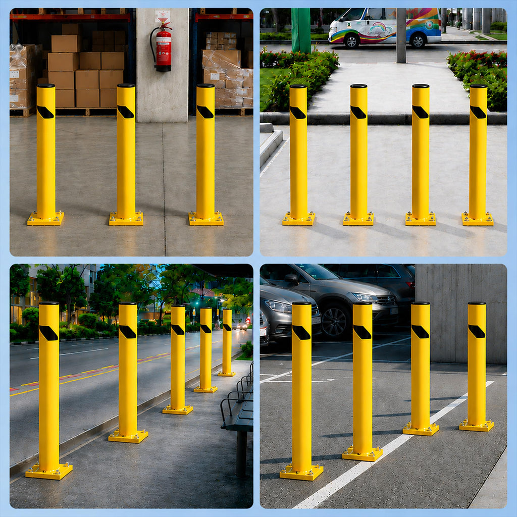 Crowd Control Warehouse Trafford Industrial Steel Bollards 24” Height, Safety Steel Post, Yellow Powder-Coated Finish Heavy Duty Fillable with Concrete, for Driveway Barrier, Parking Pole & Traffic