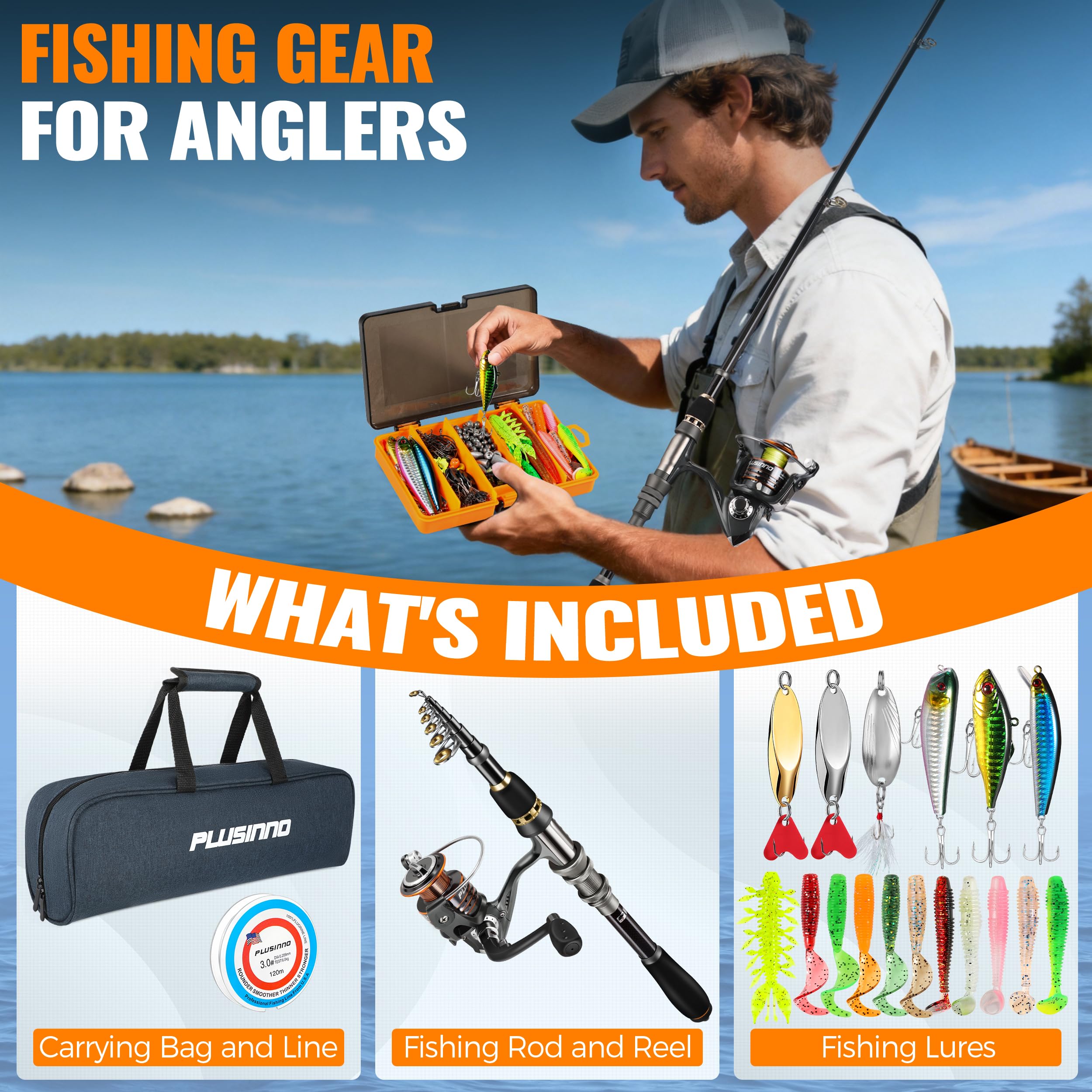 PLUSINNO Fishing Rod, Telescopic Fishing Rod and Reel Combo, Collapsible Travel Fishing Pole Rod Starter Kit, Carbon Fiber Fishing Rods and 12 +1 Bearings Stainless Steel, Fishing Gifts for Men Adults