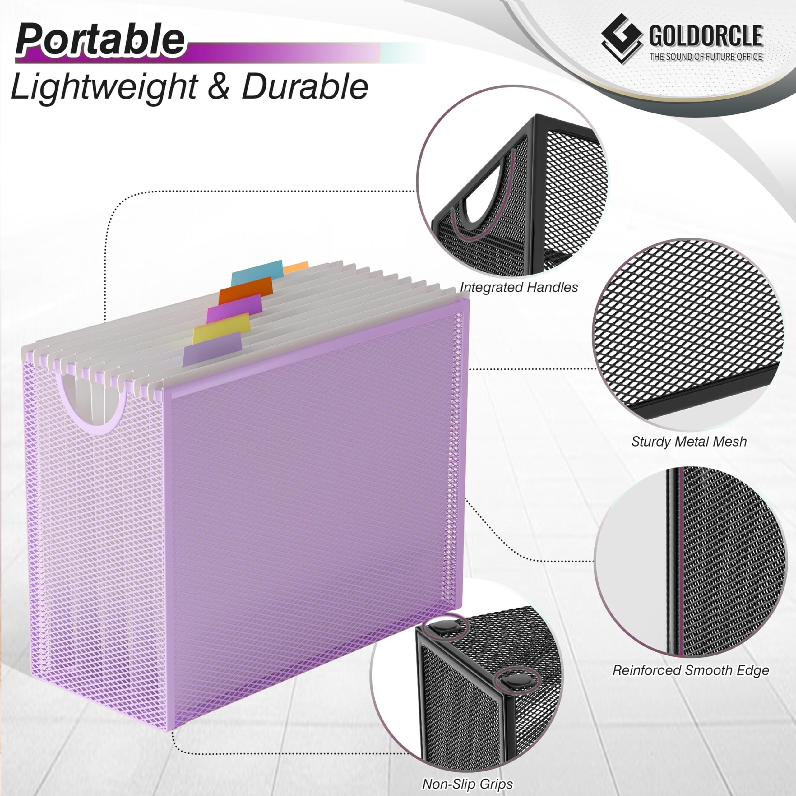 Hanging File Organizer, Letter-Size File Holder Filing Box with 5 Hanging Folders, Metal Mesh Desk File Folder Storage(No Assembly Required) (Blue, with 5 Grey Folders)