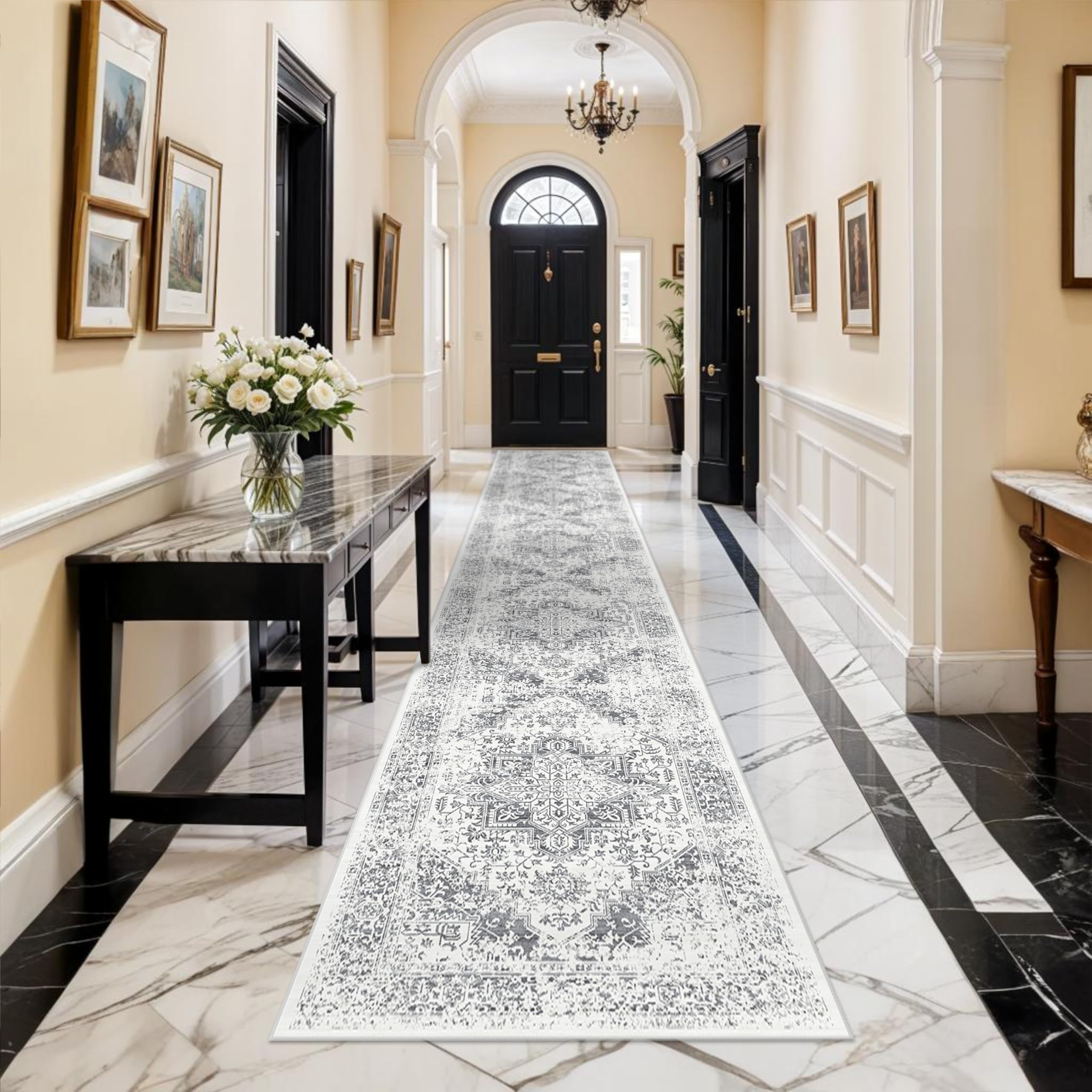2x5 Washable Kitchen Runner Rug - Soft Low Pile Floral Animal Cat Print Rugs with Non-Slip Backing Waterproof Stain-Resistant Indoor Carpet for Hallway Entryway Bathroom Bedroom (Black)