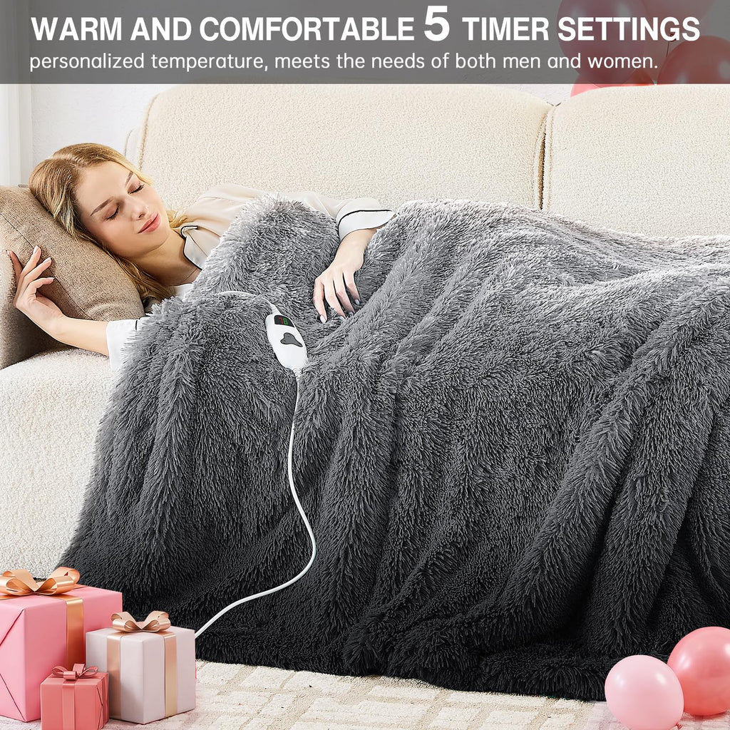 Heated Electric Blanket Queen–Faux Fur with Soft Thick SherpaWarm Winter Birthday Gifts for Women Grandma,Dual Control,10 Heat Settings,5 Time Settings, 84x90, Beige
