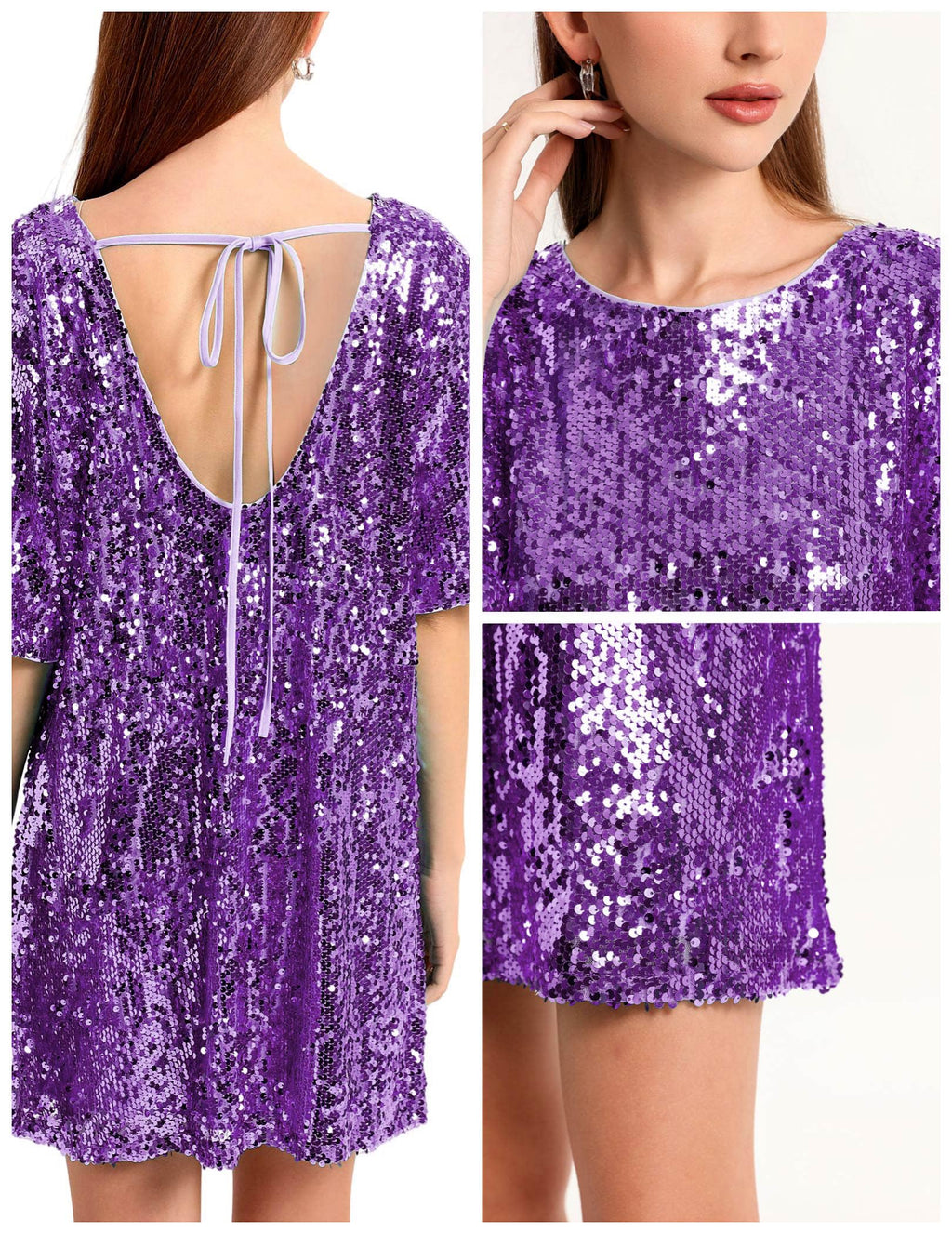 Women's Crew Neck Sequin Dress for Women Sexy V Neck Shirt Dress Sparkly Half Sleeve Loose Party Club Cocktail Dress