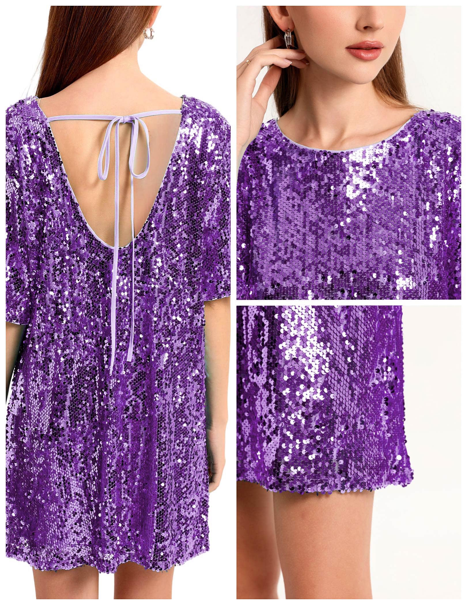 Women's Crew Neck Sequin Dress for Women Sexy V Neck Shirt Dress Sparkly Half Sleeve Loose Party Club Cocktail Dress