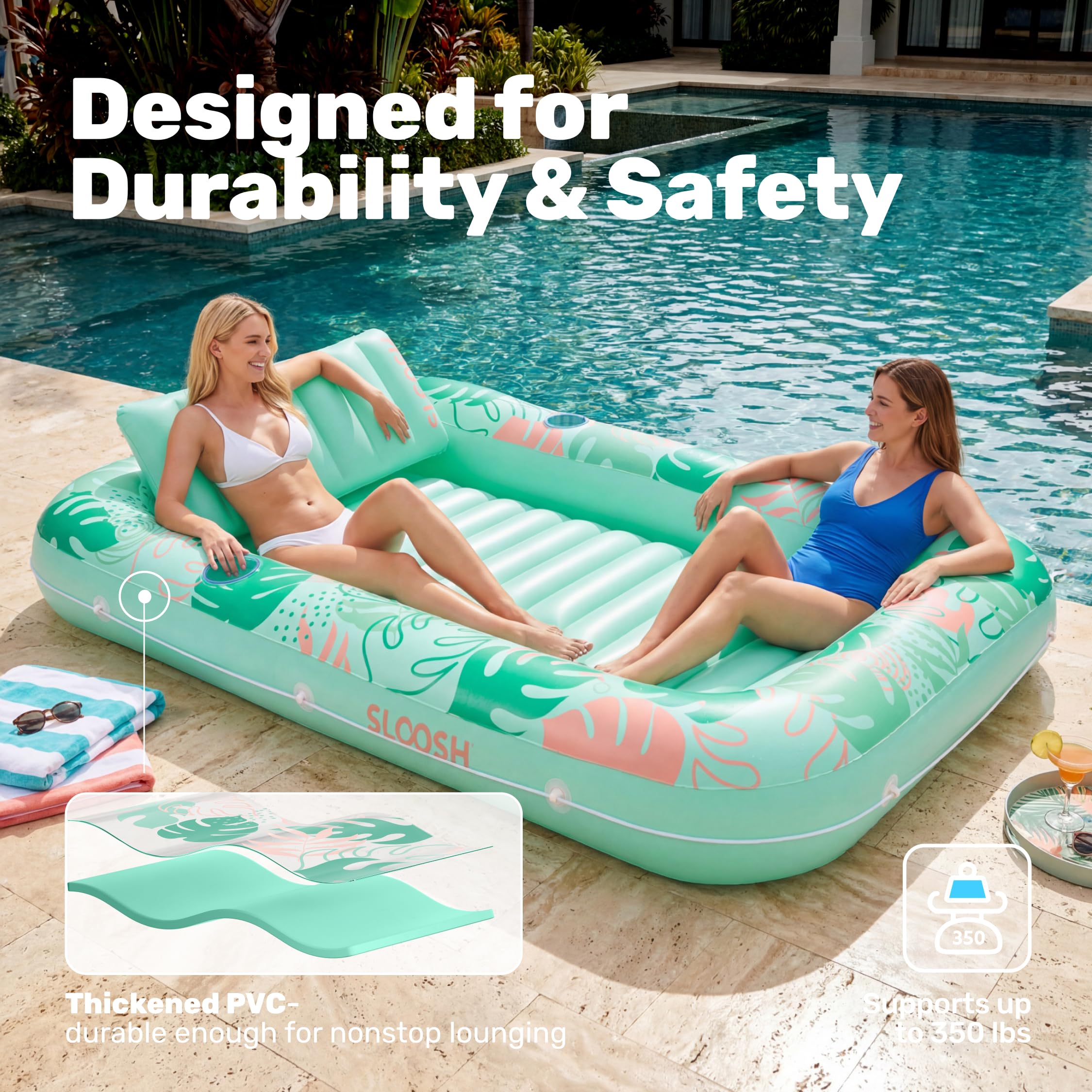SLOOSH Inflatable Tanning Pool Lounger Float, 85" x 57" Extra Large Pool Floats Adult with Pillow, 4 in 1 Suntan Tub Raft Floatie,Sunbathing Bed Lounge for Water Blow Up Ball Pit Party Gifts, XL-Blue