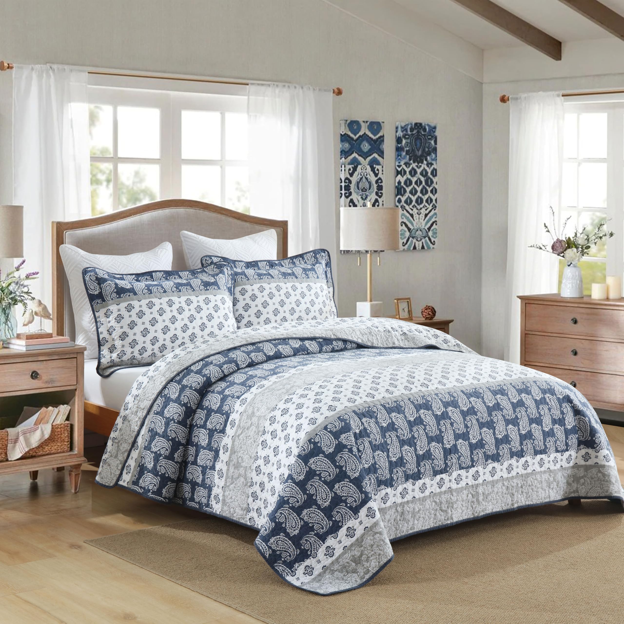 Yellow Quilts Queen Size, Paisley Comforter Set Queen Cotton Bed, Yellow Grey White Comforter, Striped Bedding Queen Size, Lightweight Luxury Bedspread,3 Piece