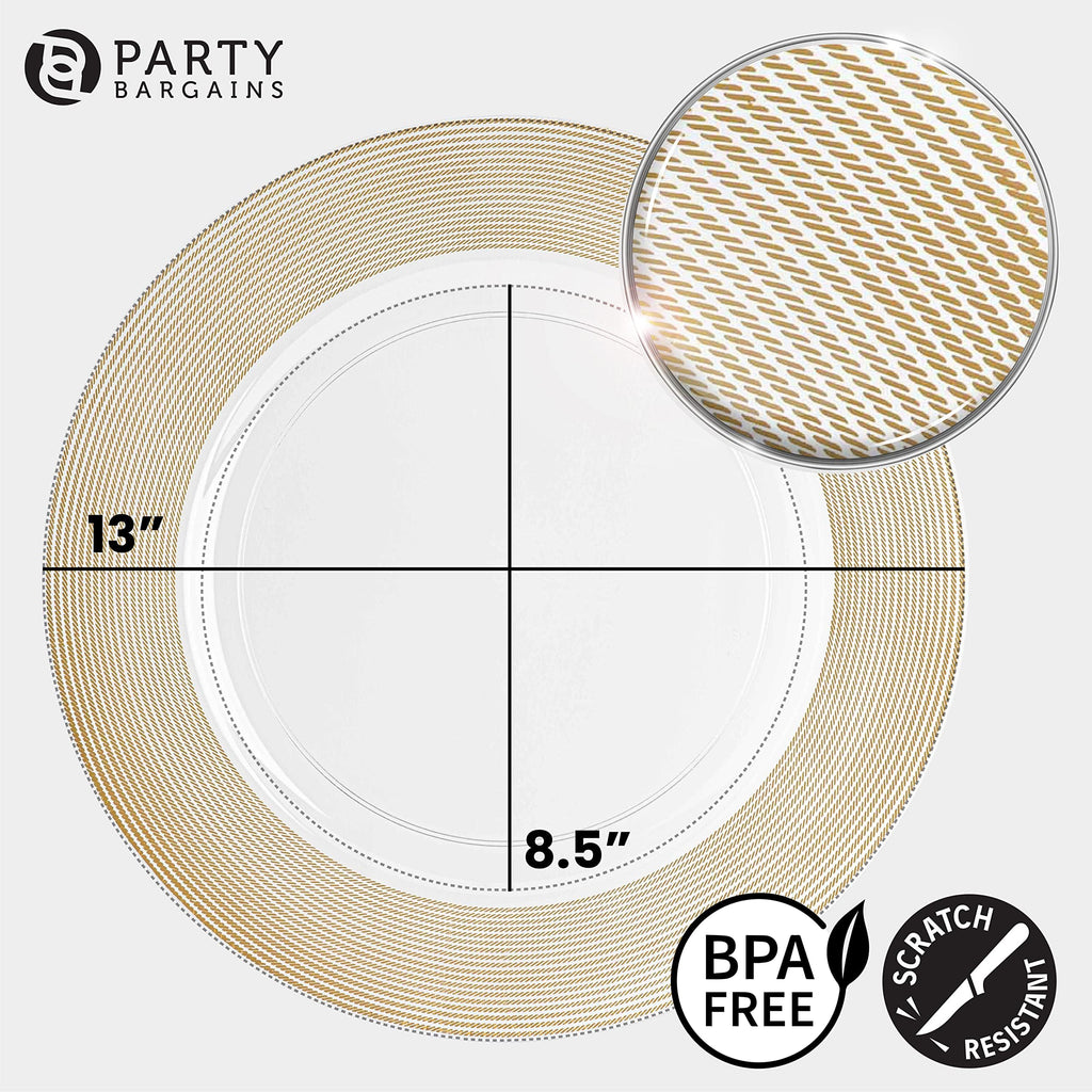 PARTY BARGAINS 13-Inch Charger Plates - 96 Pack, Clear Gold Rim, Heavy-Duty Disposable Chargers for Elegant Dining - Ideal for Weddings and Formal Events