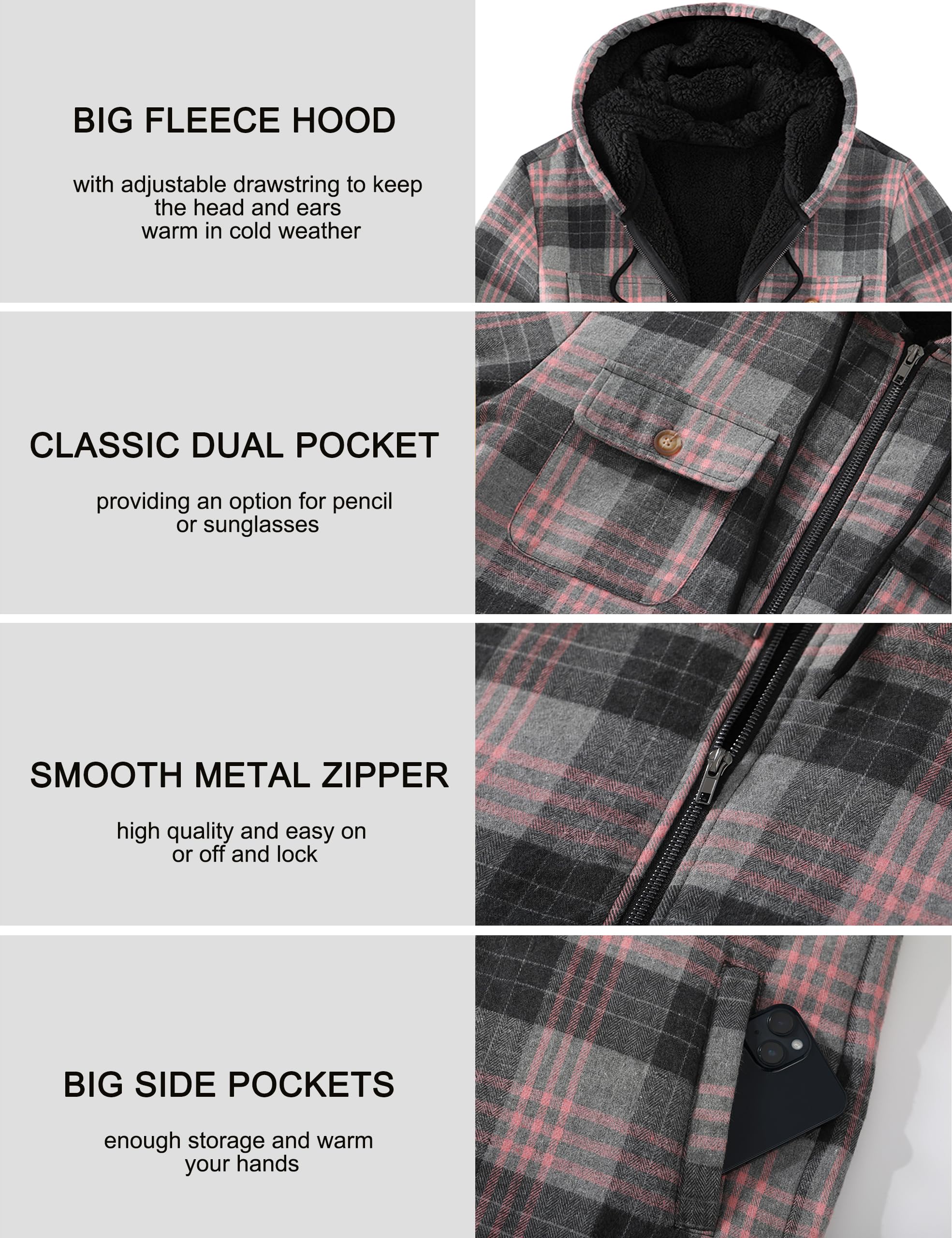 Men's Flannel Plaid Hooded Jackets Full Zip Sherpa Fleece Lined Hoodies Fashion Warm Coat
