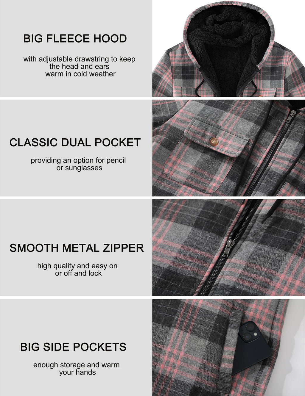 Men's Flannel Plaid Hooded Jackets Full Zip Sherpa Fleece Lined Hoodies Fashion Warm Coat