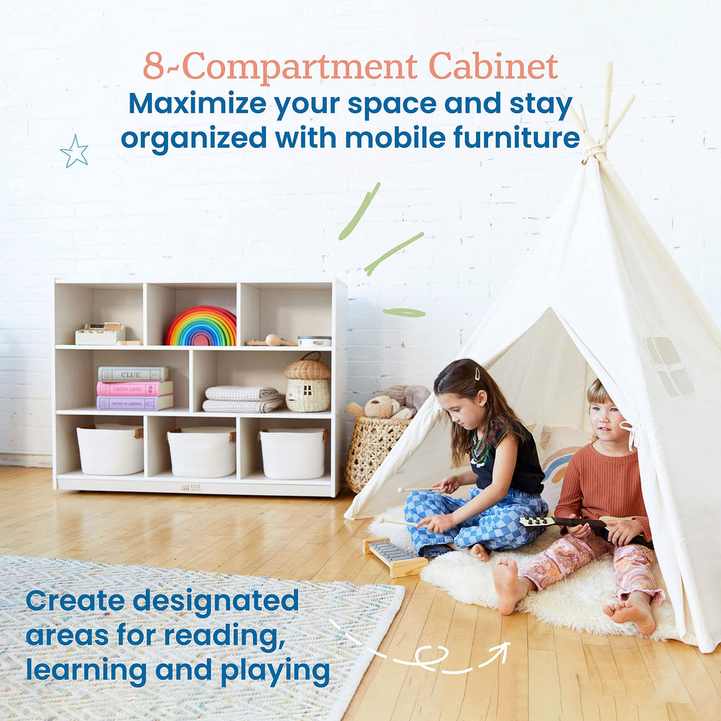 ECR4Kids 8-Compartment Mobile Storage Cabinet, Elementary, Classroom Furniture, Grey Wash