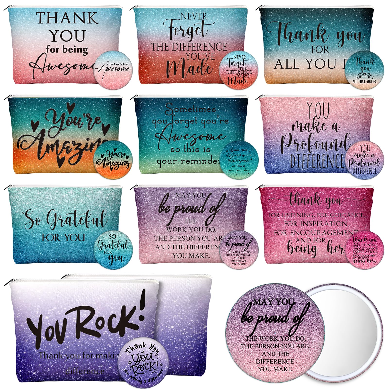 Vercraft 20 Pcs Employee Appreciation Gift for Women Inspirational Canvas Makeup Bag Portable Compact Mirror Bulk Cosmetic Bag Thank You Party Favor for Women Coworker Nurse (Bohemian,Boho)
