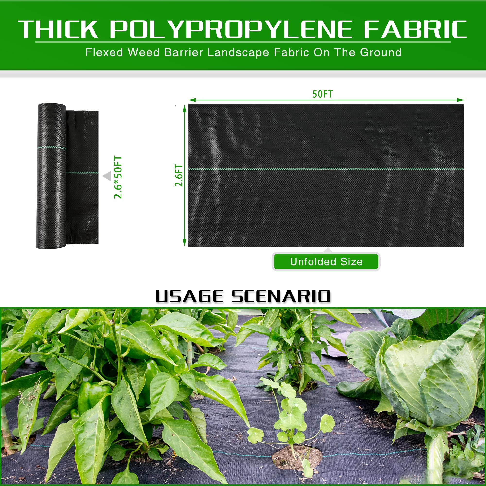 Weed Barrier Landscape Fabric Heavy Duty, 1.3FT x 50FT Thicken Garden Fabric Weed Mats, Weed Control Garden Cloth, Woven Geotextile Fabric for Garden Beds, Underlayment, Commercial Driveway