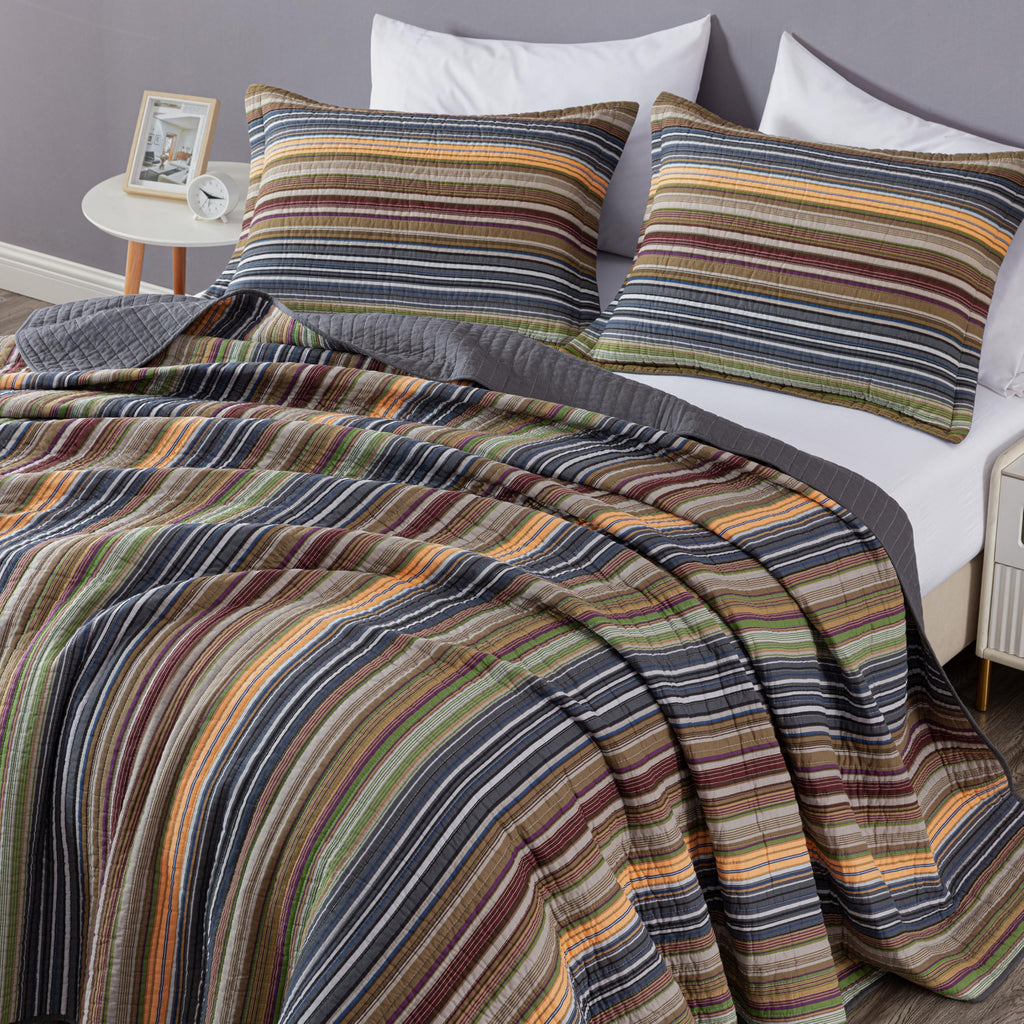 Chezmoi Collection Avery Striped Cotton Quilt Set Twin Size, 2-Piece Soft Pre-Washed 100% Cotton Quilt, Multi-Color Brown